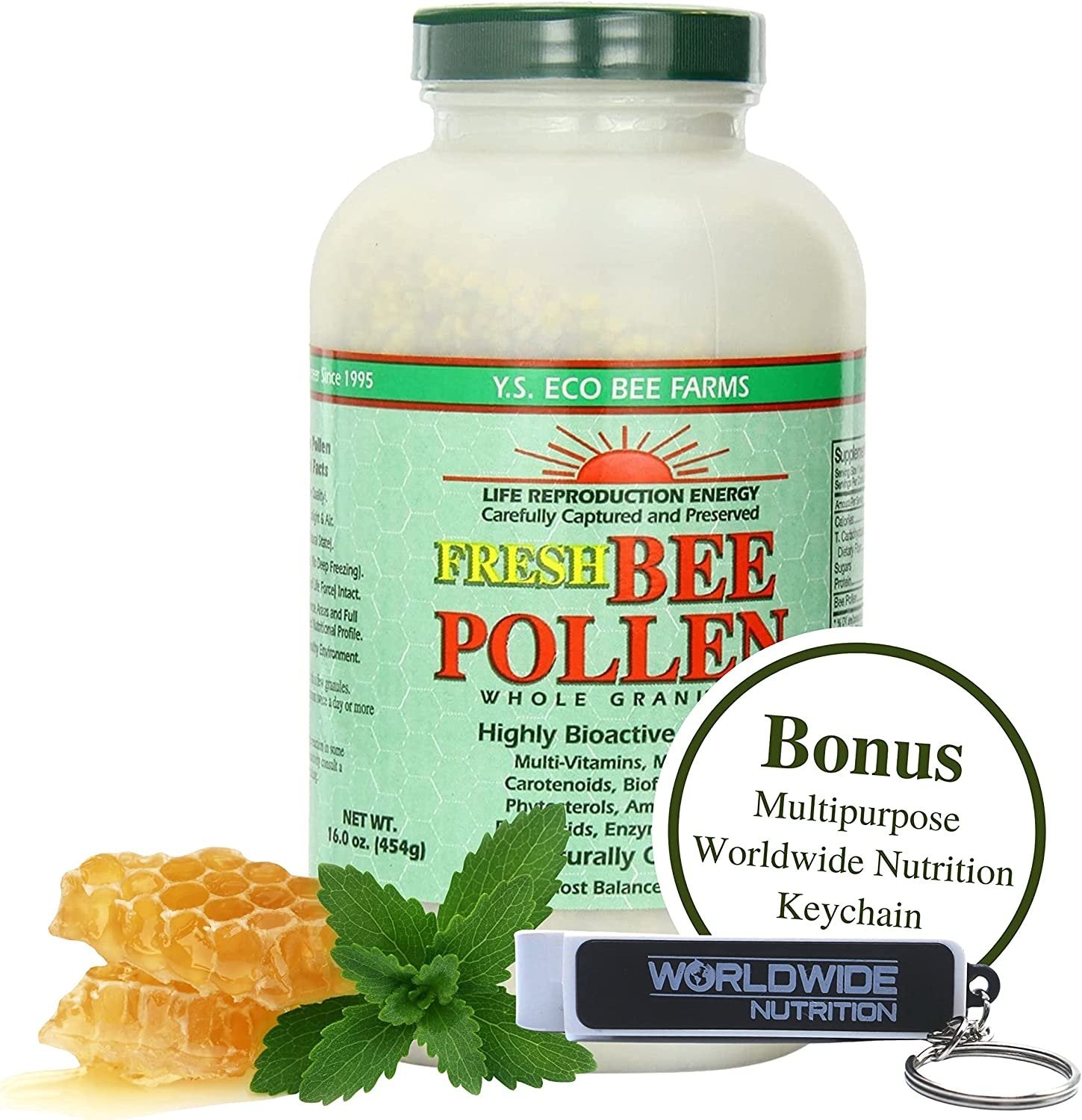 Y.S. Eco Bee Farms 100% Pure, Wild Crafted Bee Pollen Granules - Organic Bee Pollen Vitamin Supplements - Amino Acids, Organic Protein, Vitamin C, Vitamin B12 - Gluten Free - 16 oz w Bonus Key Chain