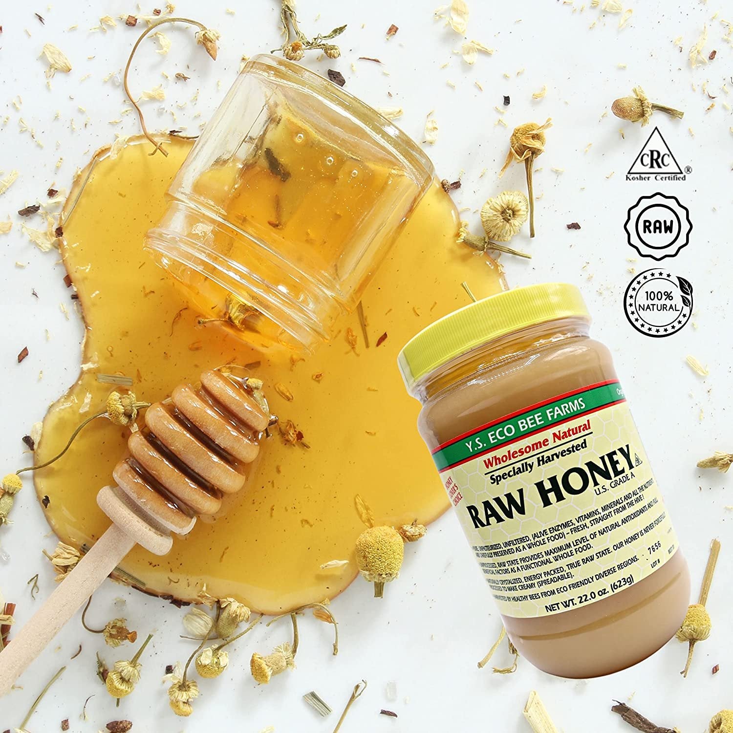 Y.S. Eco Bee Farms, Y.S. Organic Bee Farms, Wholesome Natural Raw Honey, Unpasteurized, Unfiltered, Fresh Raw State, Kosher, Pure, Natural, Healthy, Safe, Gluten Free, Specially Harvested, 22oz
