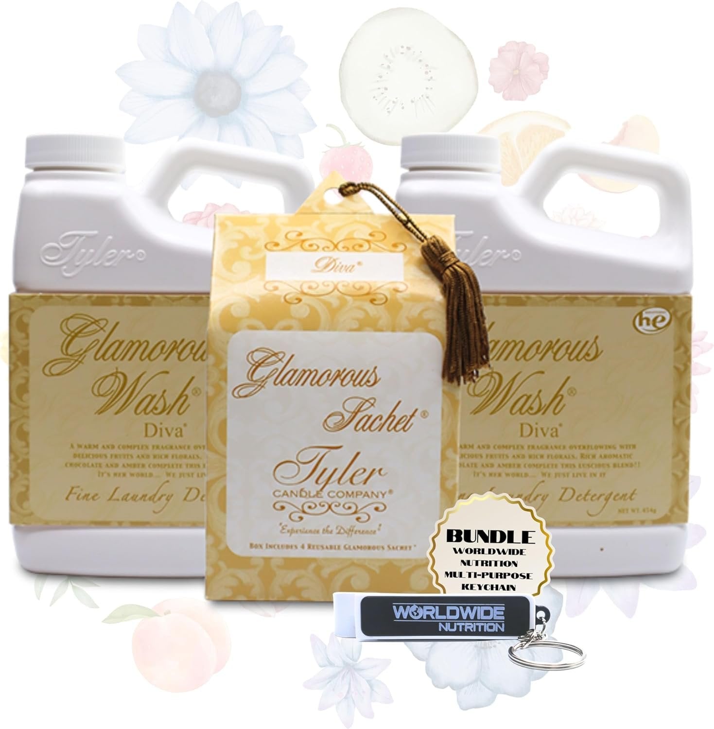 Tyler Candle Company Diva Laundry Pack - 2 Bottles of 16oz Diva Glamorous Wash Laundry Detergent, 1 Pack of 4 Diva Dryer Sheet Sachets and Multi-Purpose Key Chain