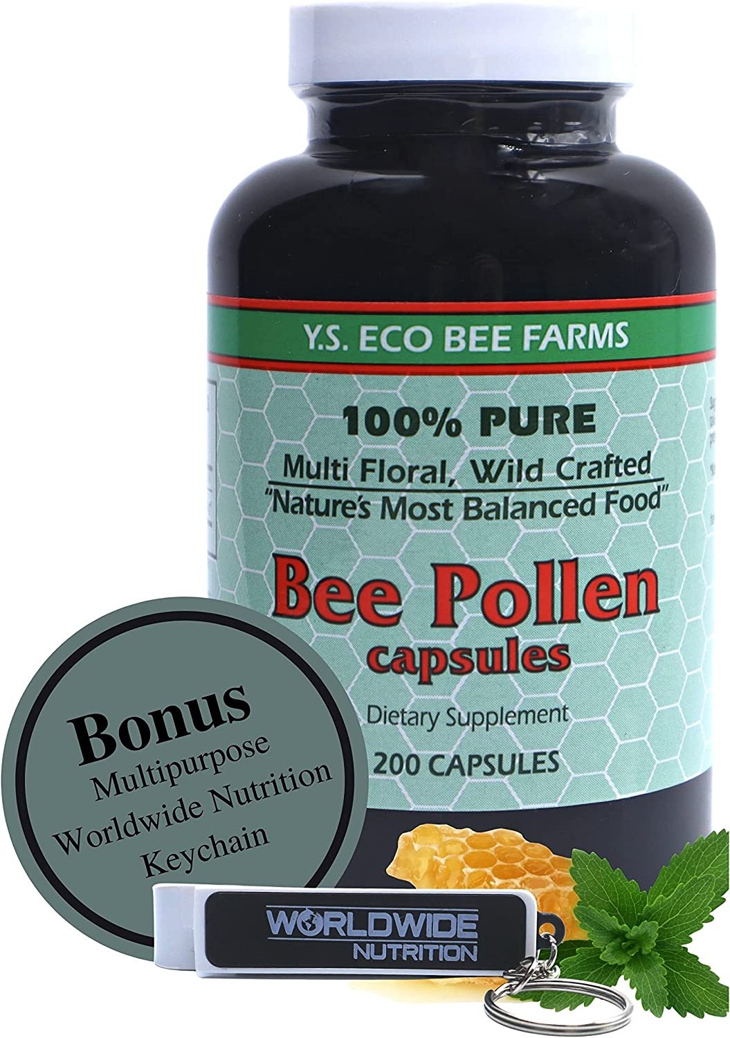 Y.S. Eco Bee Farms 100% Pure, Wild Crafted Bee Pollen Capsules - Organic Bee Pollen Vitamin Supplements Amino Acids, Organic Protein, Vitamin C, Vitamin B12 Gluten Free - 200ct with Bonus Key Chain