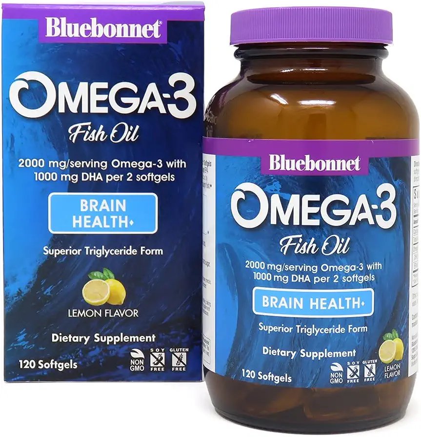 Bluebonnet Nutrition Omega-3 Brain Formula Natural Wild Caught Triglyceride Form DHA 1000 mg EPA 210 mg - Highly Concentrated Cognitive Health & Wellness Support Supplement - Gluten-Free - 120 Softgel