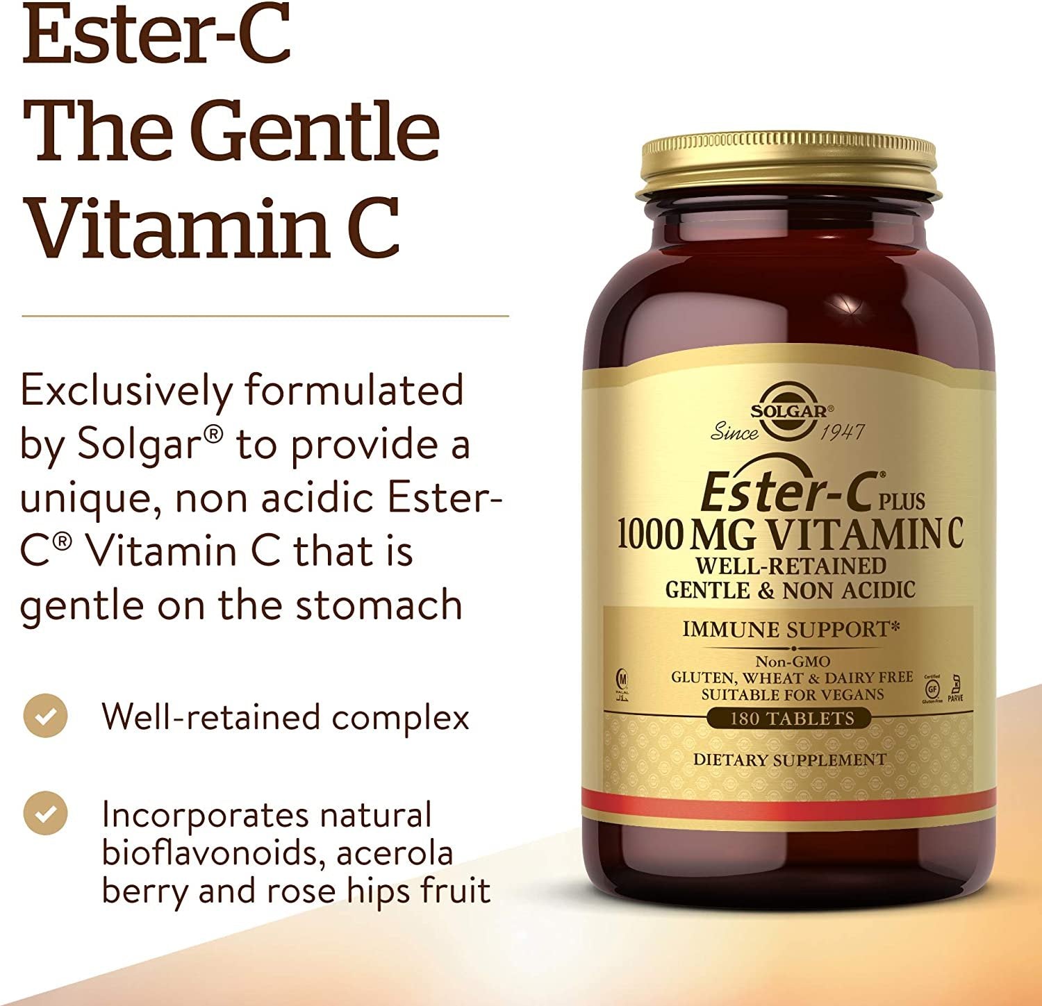 Solgar Ester-C Plus 1000 mg Vitamin C (Ascorbate Complex), 90 Tablets - Gentle On The Stomach & Non Acidic - Antioxidant & Immune System Support - Non GMO, Vegan, Gluten Free, Kosher - 90 Servings