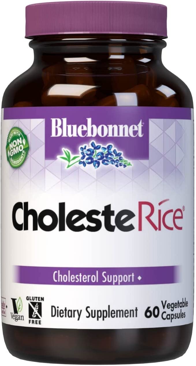 Bluebonnet Nutrition CholesteRice Vegetable Capsules, Red Yeast Rice, Plant Sterols, Pantethine, CoQ10, Policosanol, Vegan, Vegetarian, Non GMO, Gluten Free, Milk Free, SOY-FREE, 60 Vegetable Capsules