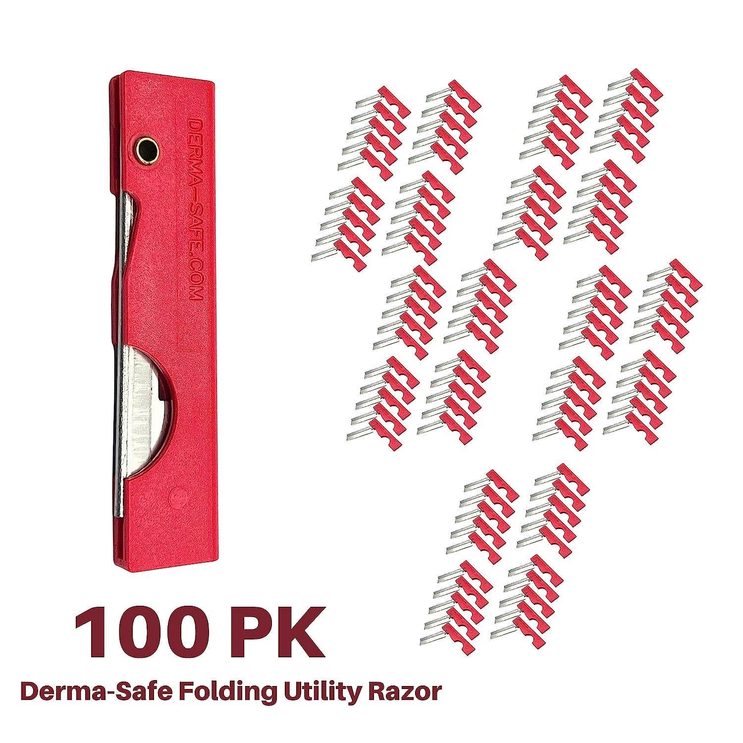 Derma-Safe Folding Utility Razor for Survival Utility and First Aid Kits - Mini Pocket Foldable Razor Blade, Folding Scalpel, (Red) 100-Pack