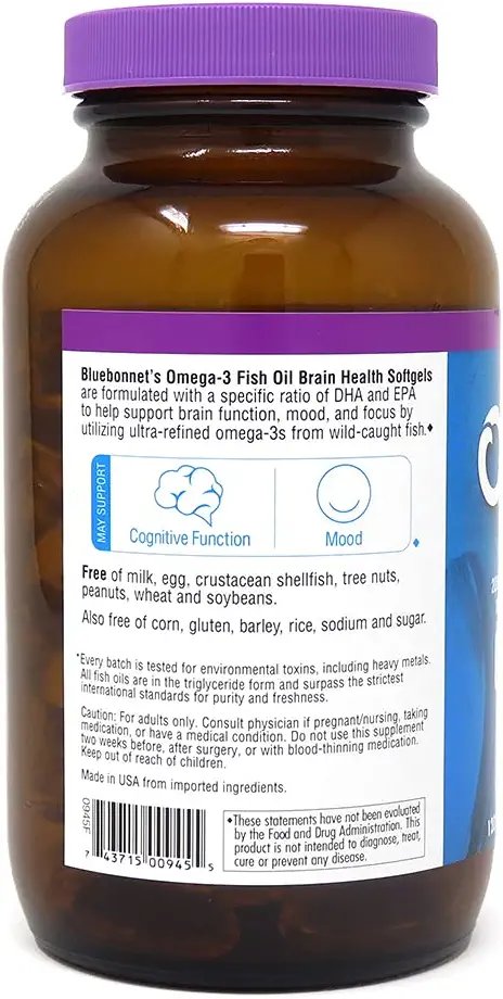 Bluebonnet Nutrition Omega-3 Brain Formula Natural Wild Caught Triglyceride Form DHA 1000 mg EPA 210 mg - Highly Concentrated Cognitive Health & Wellness Support Supplement - Gluten-Free - 120 Softgel