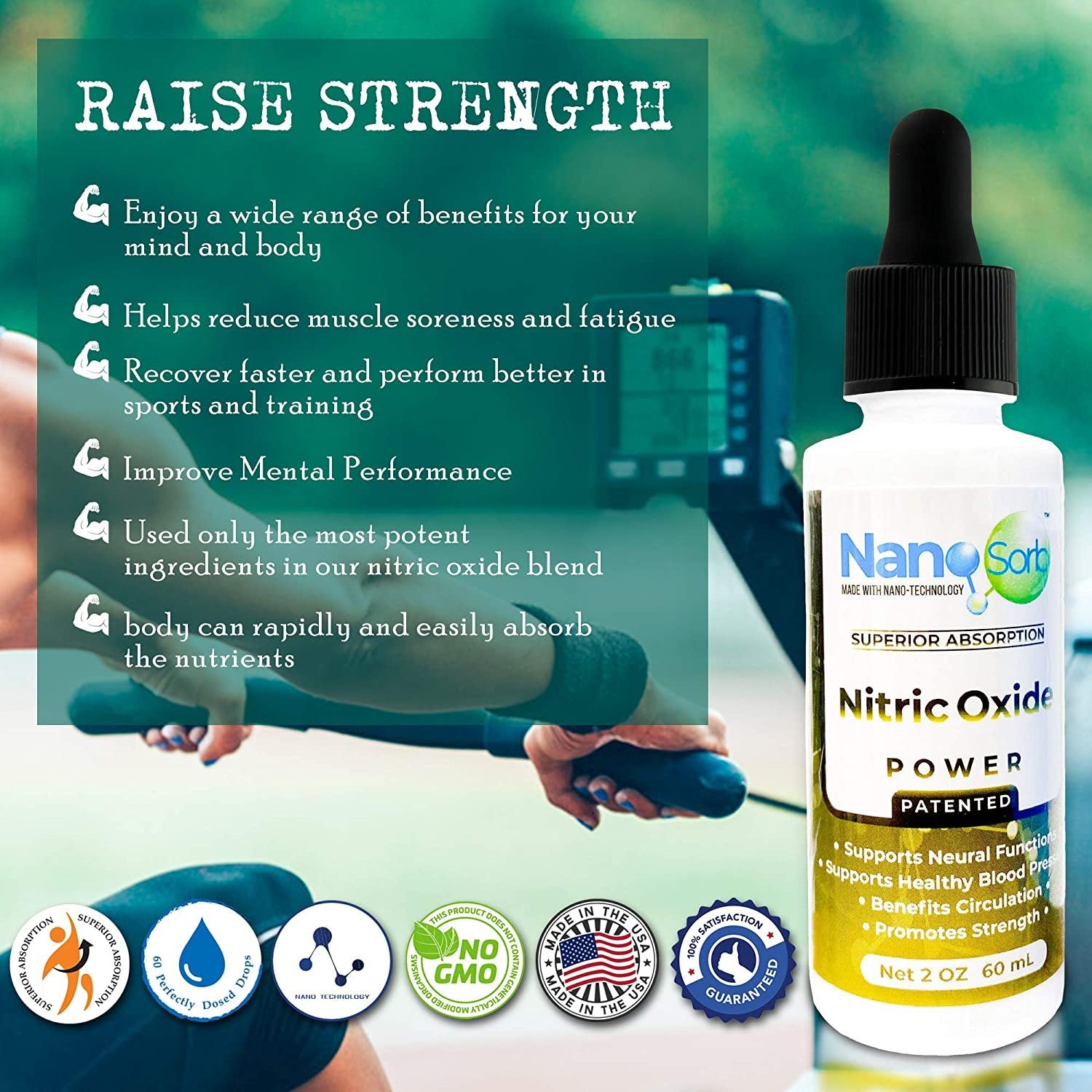 NanoCorHealth Nitric Oxide Supplement - Extra Strength NO Booster Complex with L-Citrulline, Arginine - Aids Strength, Exercise, Brain Performance, Circulation, Lower Blood Pressure - 2oz, 60ml Drops