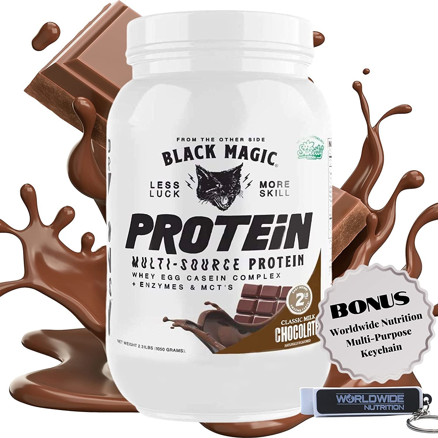 Milk Chocolate Black Magic Multi-Source Protein - Whey, Egg, and Casein Complex with Enzymes & MCT Powder - Pre Workout and Post Workout - 24g Protein - 2 LB with Bonus Key Chain