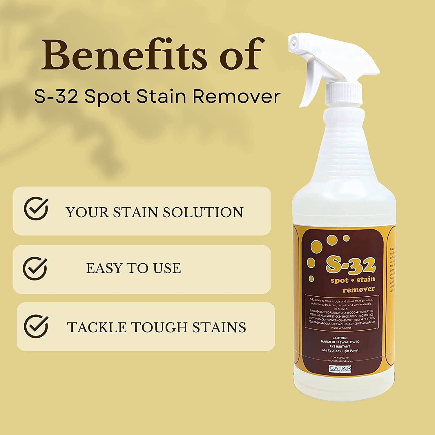 Gator Chemical Company S-32 Liquid Spot and Stain Remover - Multipurpose Cleaner for Laundry, Carpet & Upholstery - Professional Strength Stain Remover - 32 Fl Oz Spray Bottle with Bonus Key Chain