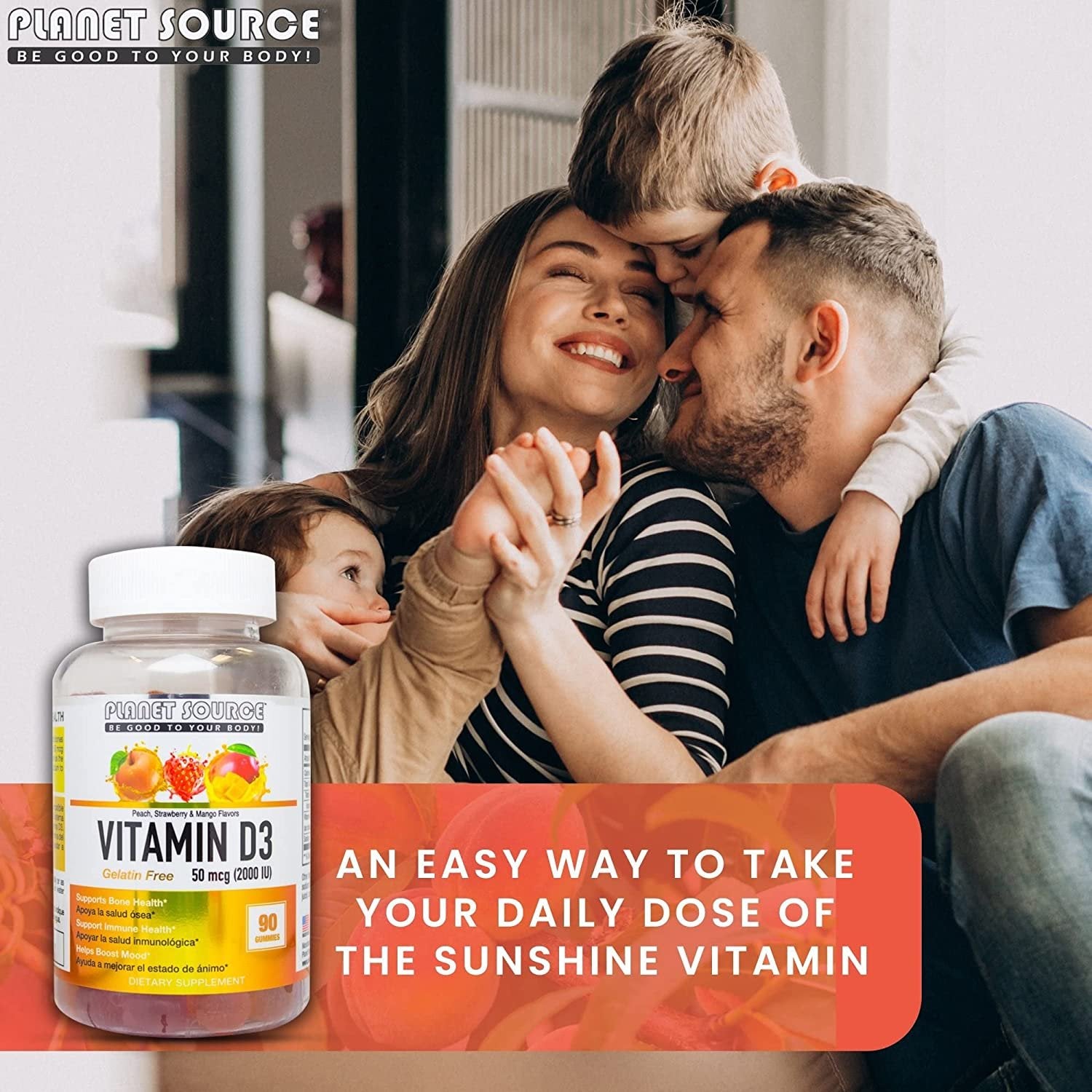 Vitamin D3 Gummies- Vitamin D3 2000 IU - Vitamin Gummies for Support Immune, Bone Health & Boost Mood - Peach, Strawberry & Mango Flavor Vitamins Supplements - 90 D3 Gummies for Adults & Kids