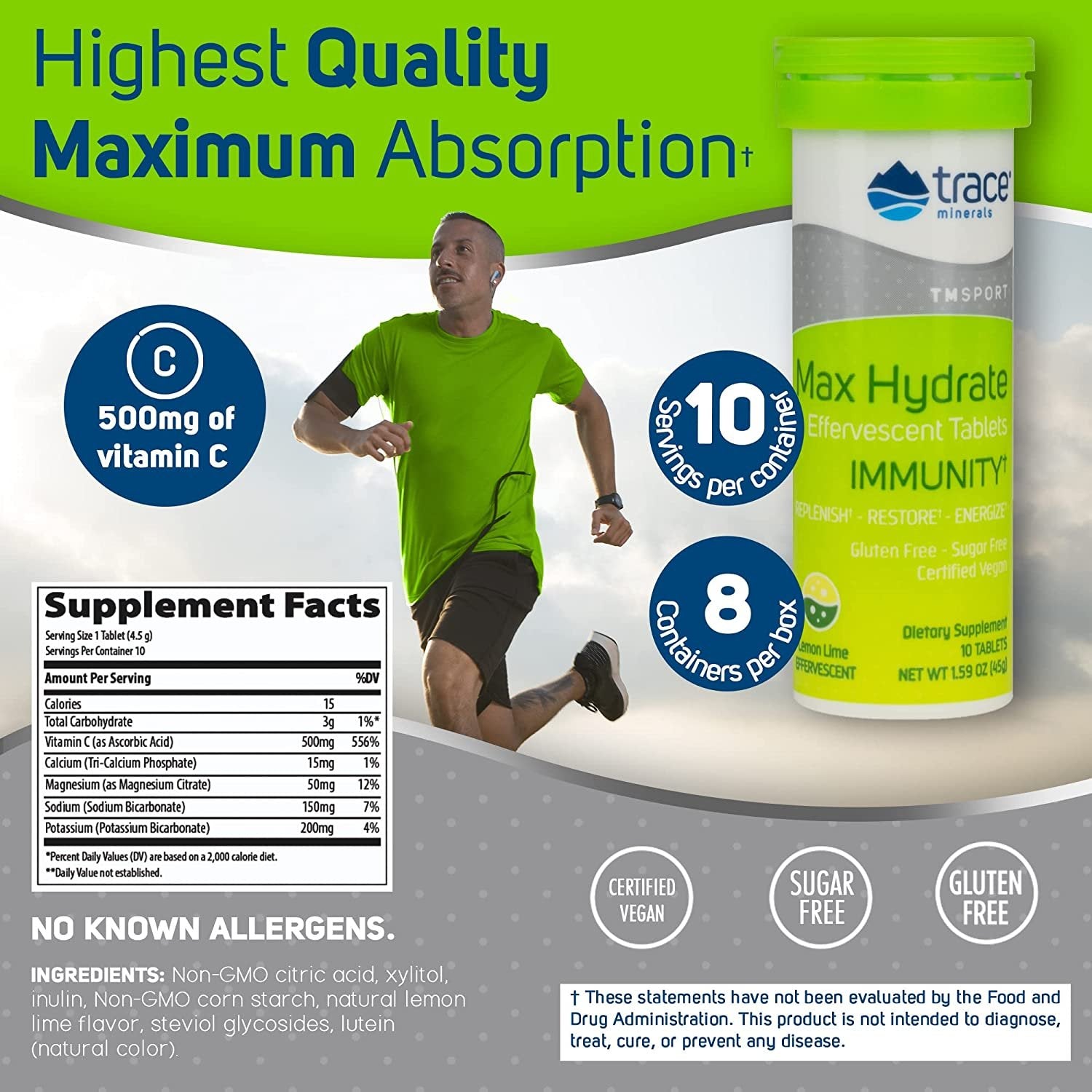Trace Minerals | MAX Hydrate Immunity | High Performance Electrolyte Fizzing, Immune Support | Magnesium, Sodium, Potassium, Vitamin C Non GMO | Lemon Lime | 8 Tubes of 10 Tablets