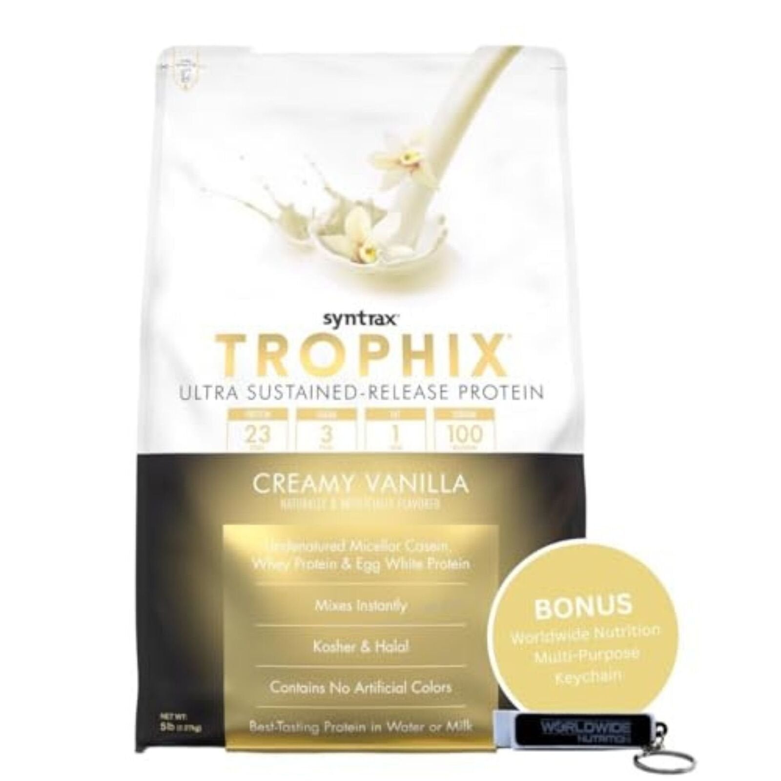 Syntrax Bundle, 2 Items: Trophix Undenatured Casein Protein - Instant Mix Whey Protein & Egg White Protein Powder and Worldwide Nutrition Keychain