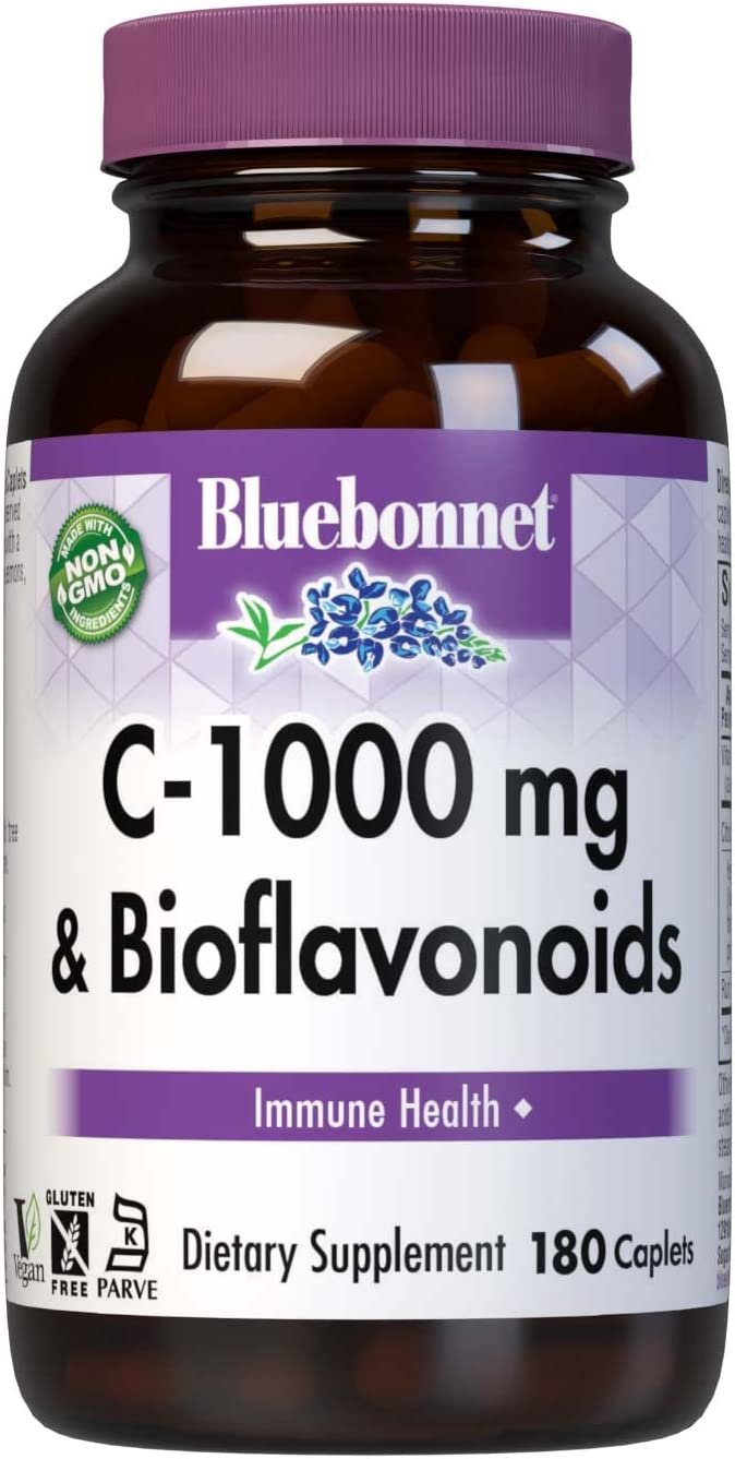 Bluebonnet Nutrition C-1000 mg Plus Bioflavonoids Caplets, Vitamin C 1000 mg, Citrus Bioflavonoids 500 mg, for Immune Health, Soy Free, Gluten Free, Non-GMO, Kosher, Dairy Free, Vegan, 180 Caplets