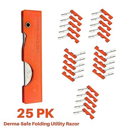 Derma-Safe Folding Utility Razor for Survival Utility and First Aid Kits - Mini Pocket Foldable Razor Blade, Folding Scalpel, (Orange) 25-Pack