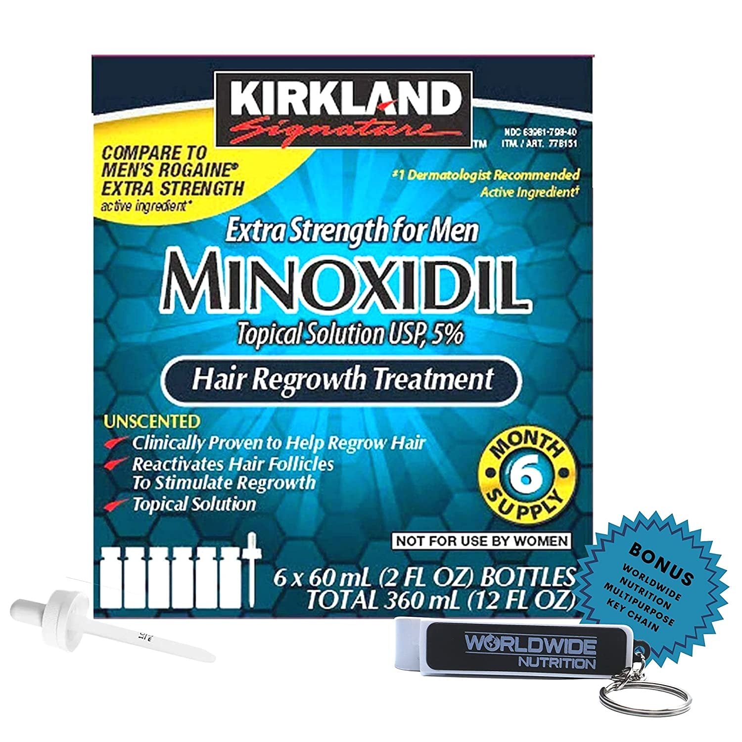 Kirkland Minoxidil 5% Extra Strength - Hair Regrowth Treatment for Men - 2 Fl Oz (Pack of 6) - with Worldwide Nutrition Bonus Key Chain