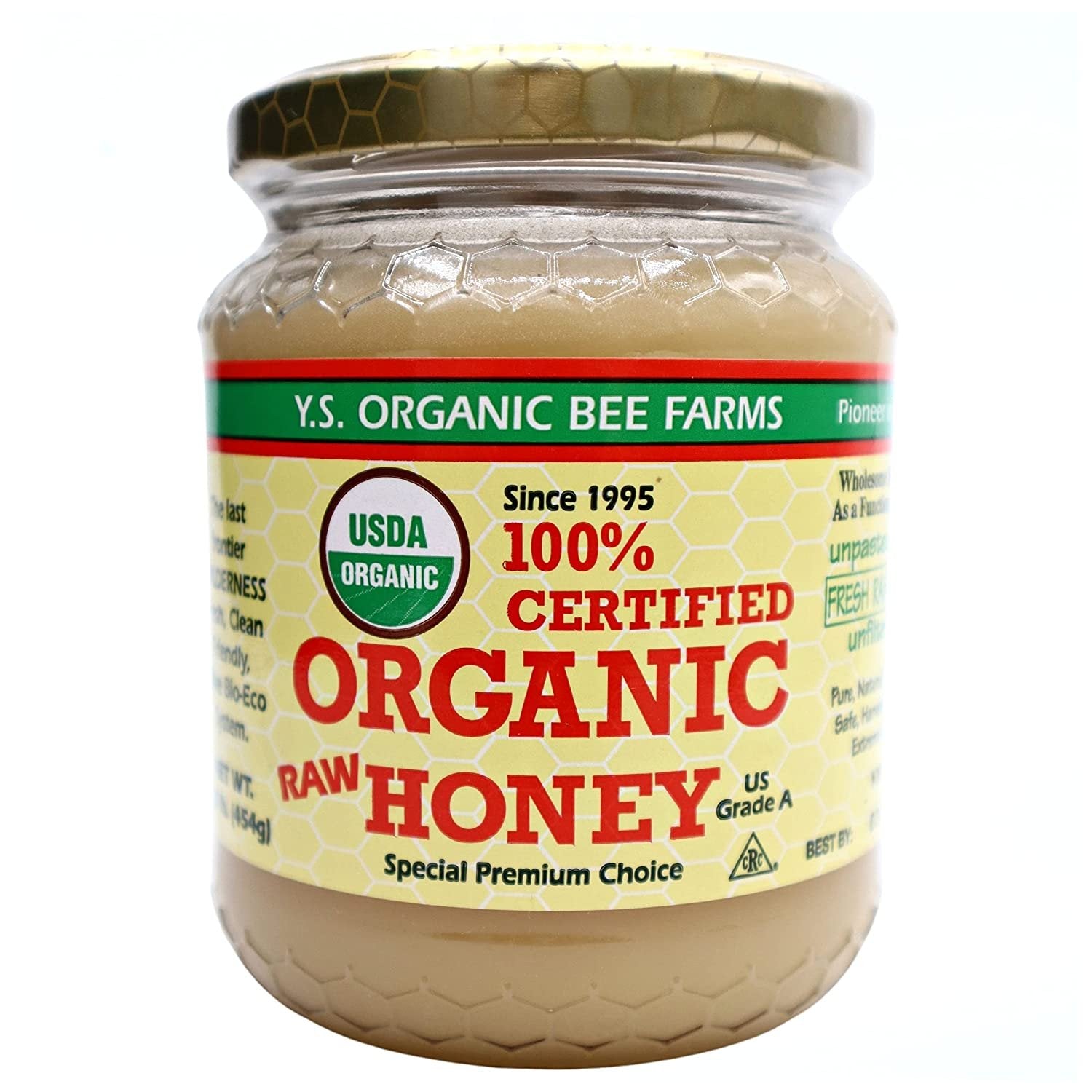 Y.S. Organic Bee Farms, 100% Certified Y.S. Organic Raw Honey, Unpasteurized, Unfiltered, Fresh Raw State, Kosher, Pure, Natural, Healthy, Safe, Gluten Free, Harvested with Extreme Care, 1 Lb - 6 Jars