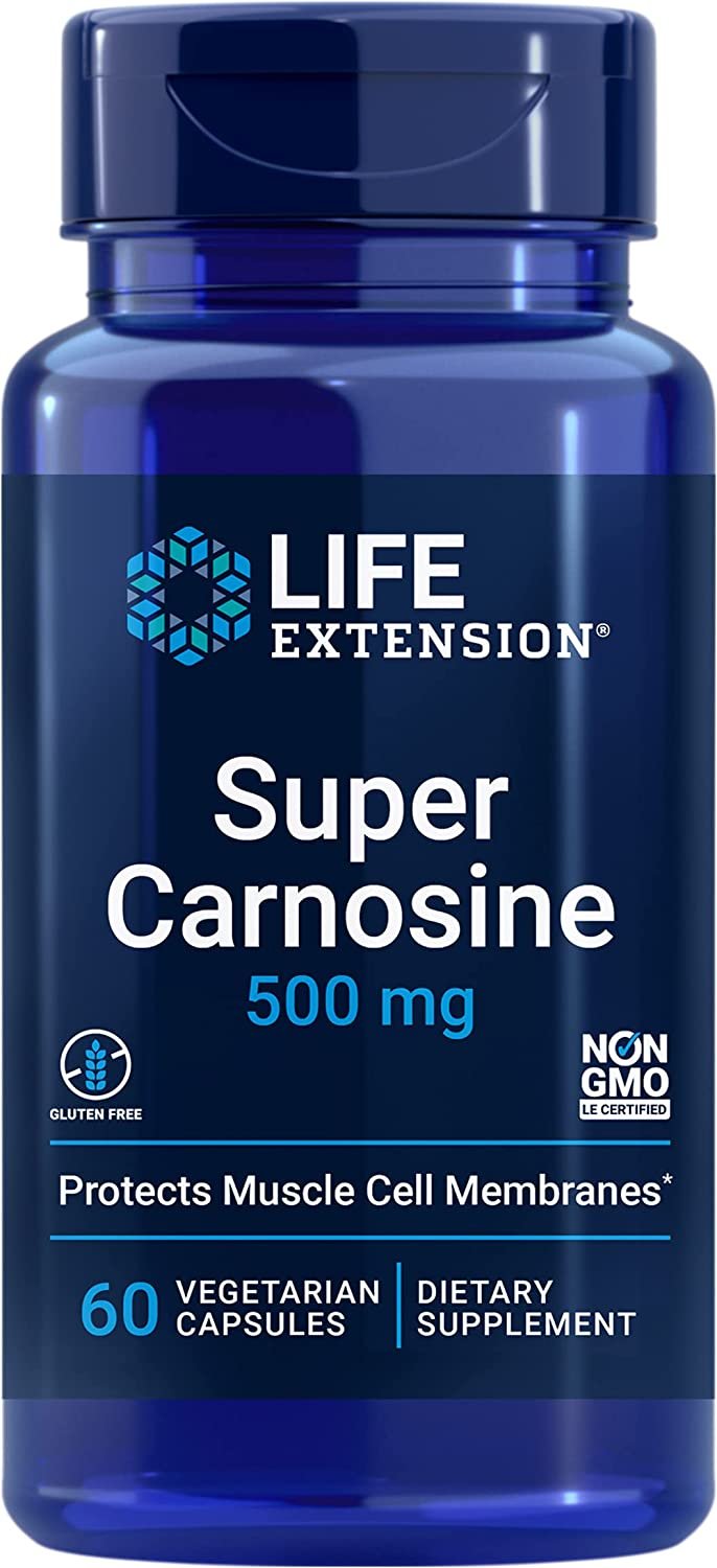 Life Extension Super Carnosine 500mg - For Muscle Recovery - L-Carnosine Supplement with Benfotiamine, Vitamin B1, Luteolin For Healthy Aging - Non-GMO, Gluten-Free - 60 Vegetarian Capsules