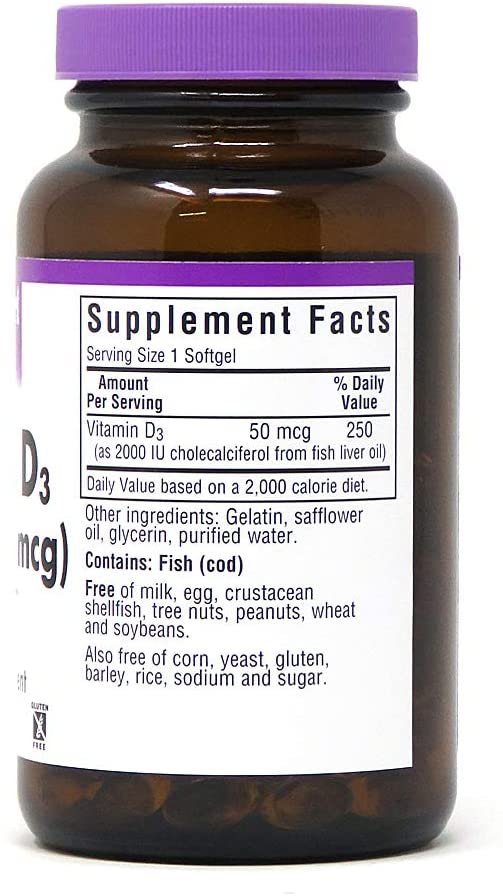 Bluebonnet Nutrition Vitamin D3 2000 IU50 mcg High Potency Immune Support, High Absorption Cold-Water Fish Liver Oil & Plant-Based Non-GMO Safflower Oil, Support Strong Bone, Gluten-Free, 250 Softgels