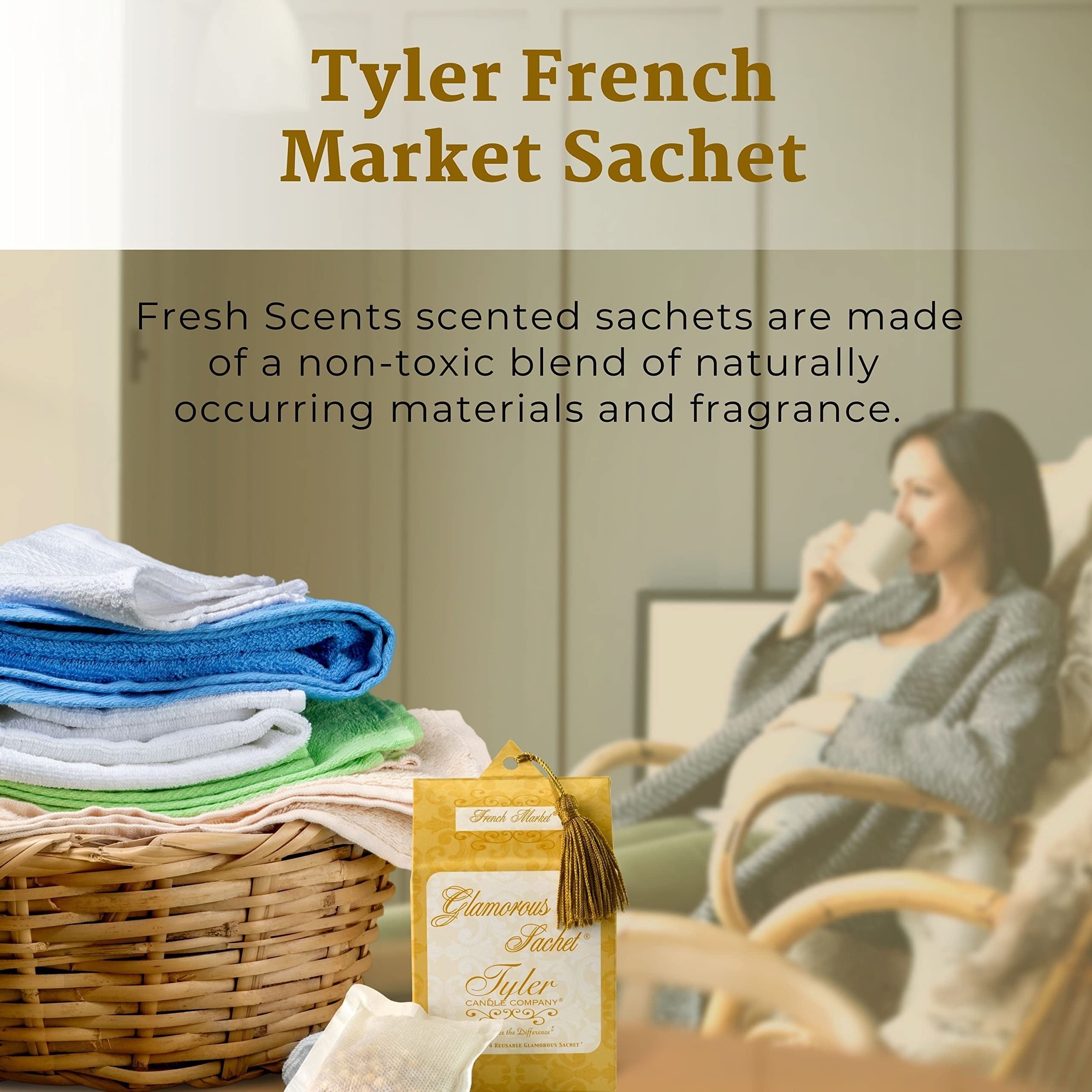 Tyler Candle Company French Market Dryer Sheet Sachets - Glamorous Reusable Dryer Sheets - Sachets for Drawers and Closets - 1 Pack, 4 Sachets, Dryer, Home, or Personal Sachet, with Bonus Key Chain