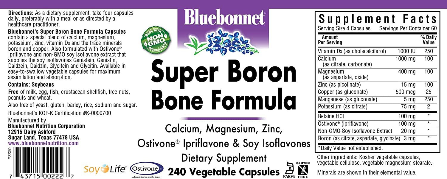 BlueBonnet Super Boron Bone Formula Vegetarian Capsules, 240 Count, White
