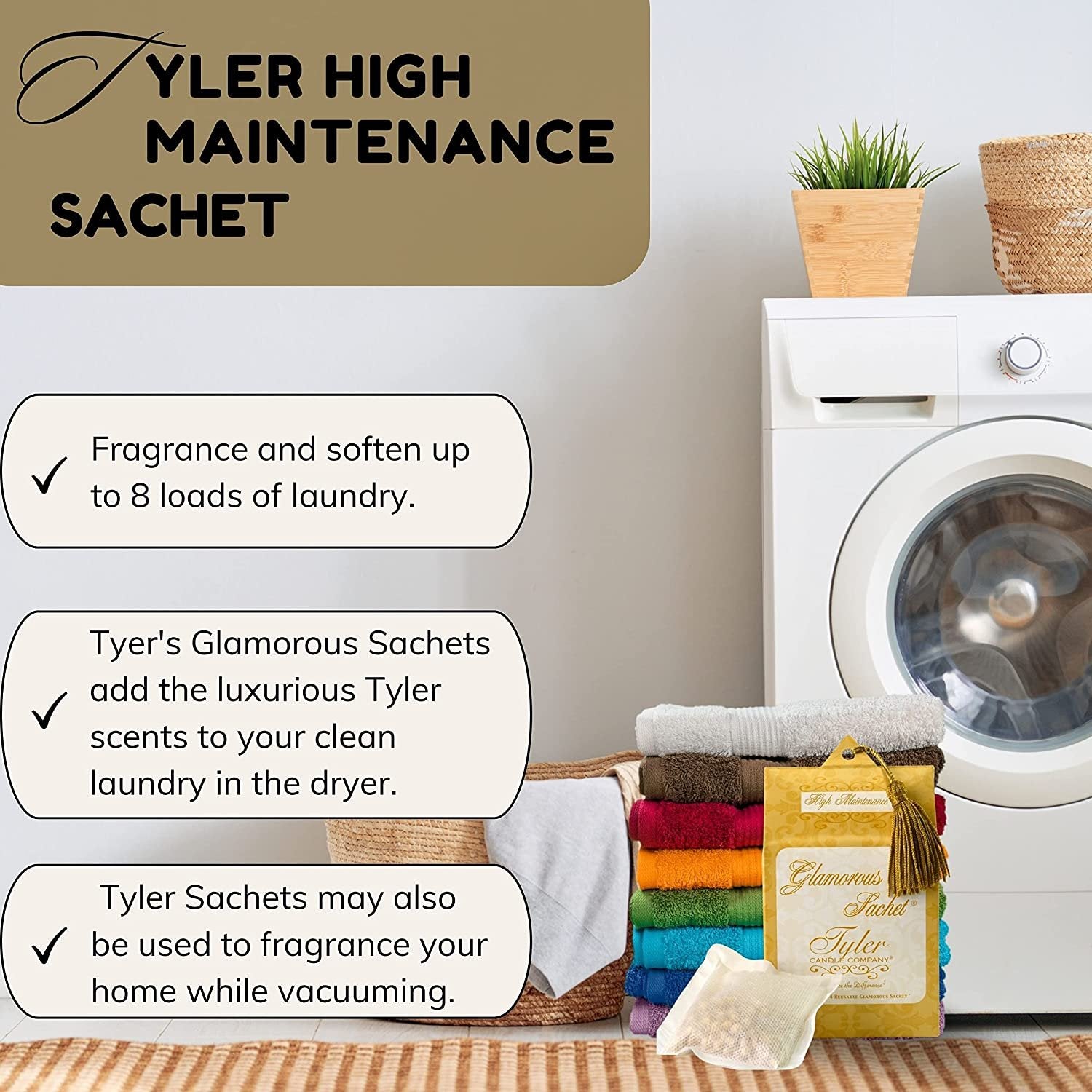 Tyler Candle Company High Maintenance Dryer Sheet Sachets - Glamorous Reusable Dryer Sheets - Sachets for Drawers and Closets - 1 Pack, 4 Sachets, Dryer, Home, or Personal Sachet, with Bonus Key Chain
