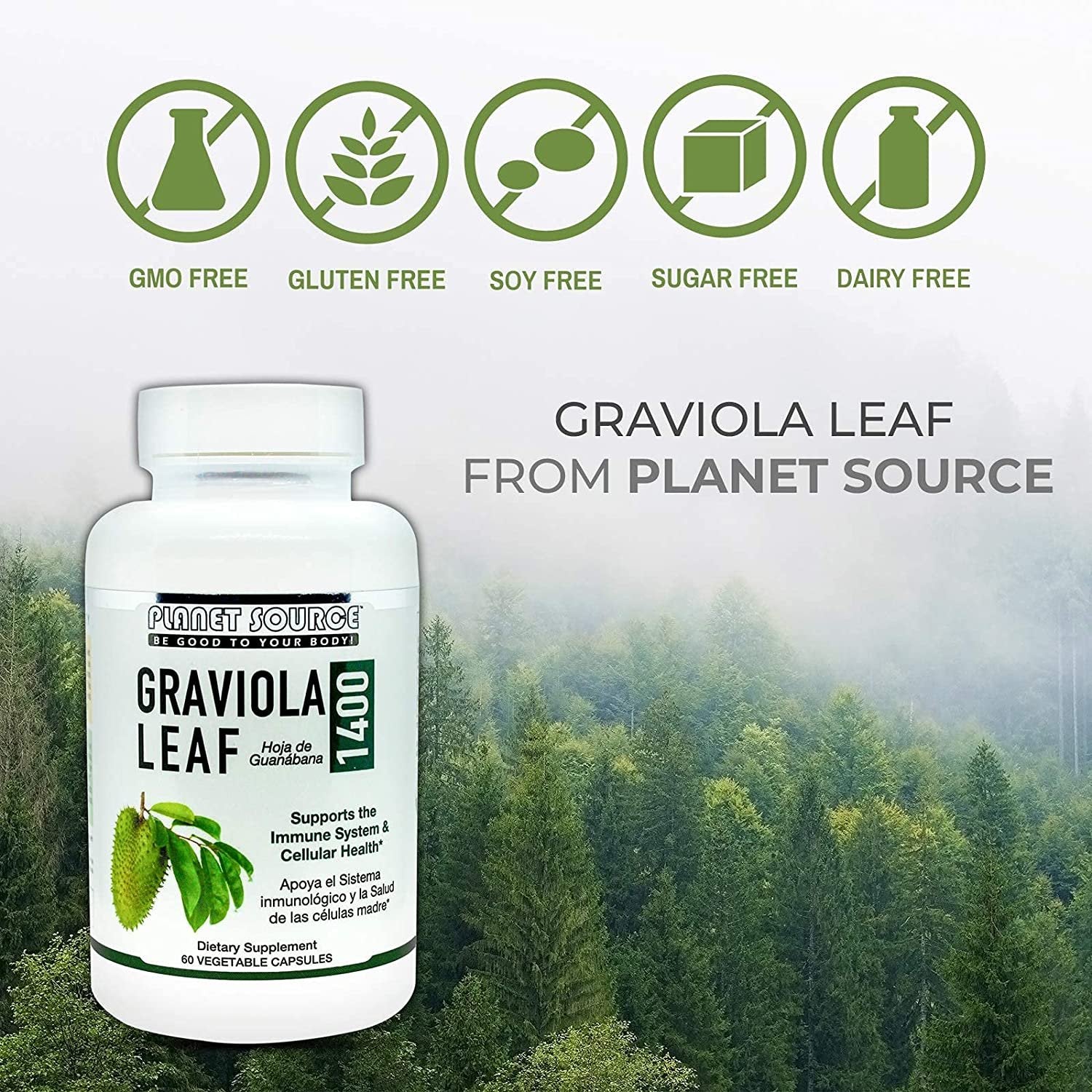 Planet Source Graviola Leaf - Annona Muritcata Soursop - Immune Boost and a Healthy Inflammation Response - All-in-One Immune System Support - Natural Anti-Oxidant - 60 1400mg Vegetable Capsules