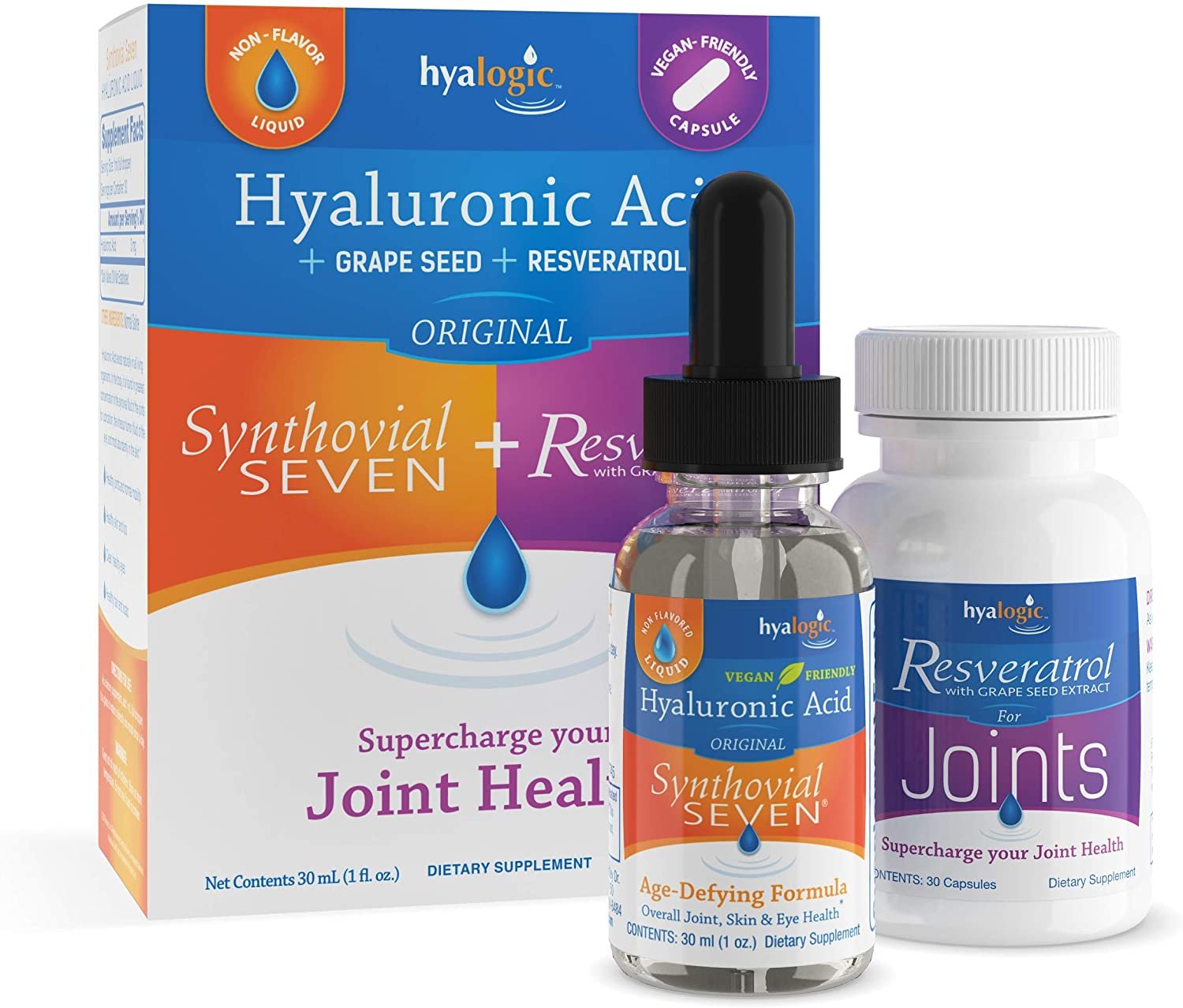 Hyaluronic Acid Liquid Supplement Solution & Resveratrol Capsules – Supercharge Joint Health! Synthovial Seven Plus Resveratrol |HA Joint Supplement & Grape Seed Extract| Joint Support by Hyalogic 1oz