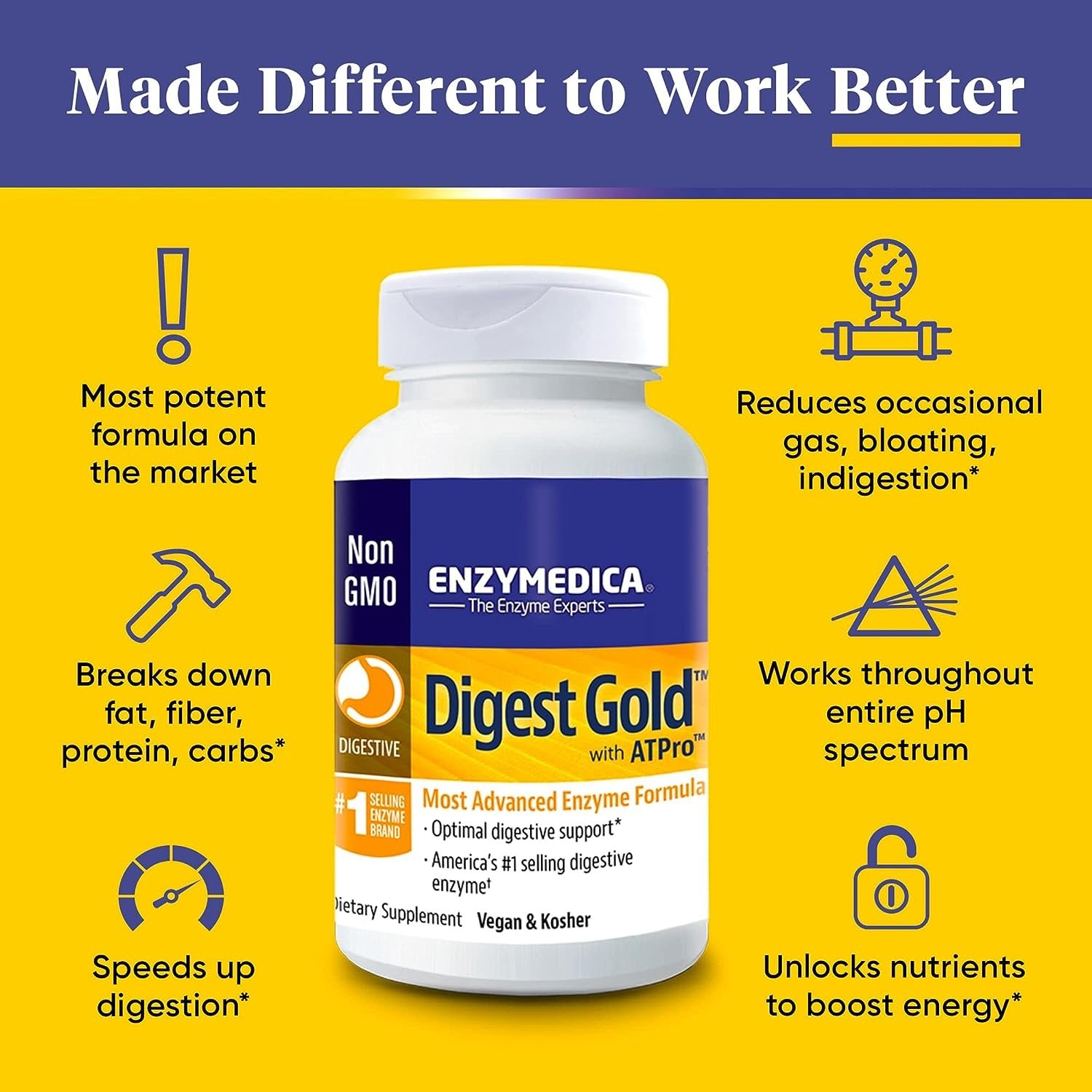 Enzymedica Digest Gold + ATPro, Maximum Strength Enzyme Formula, Prevents Bloating and Gas, 14 Key Enzymes Including Amylase, Protease, Lipase and Lactase, 180 Capsules (FFP)
