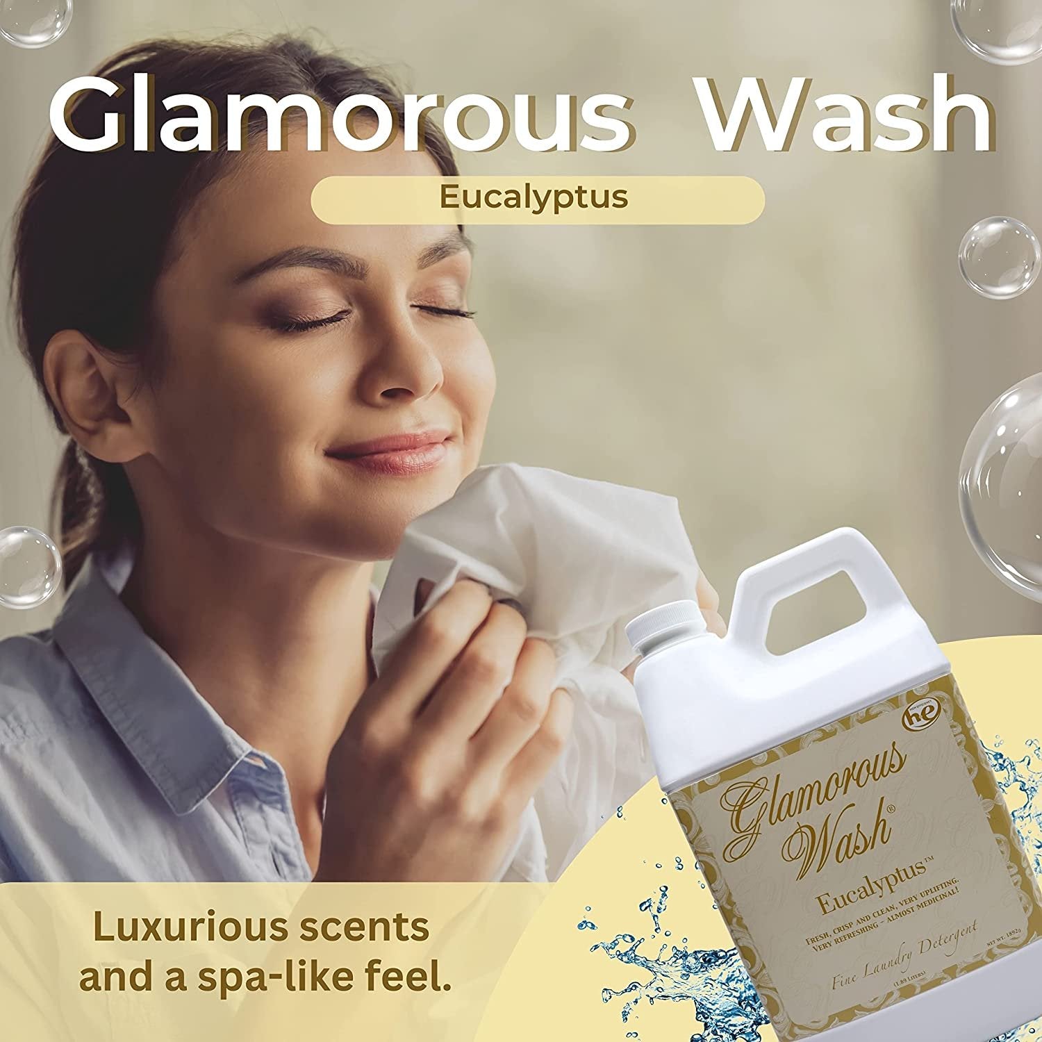 Tyler Candle Company Glamorous Wash Eucalyptus Scent Fine Laundry Liquid Detergent - Liquid Laundry Detergent for Clothing - Hand and Machine Washable - 1.89L (64 Fl Oz) Container with Bonus Key Chain
