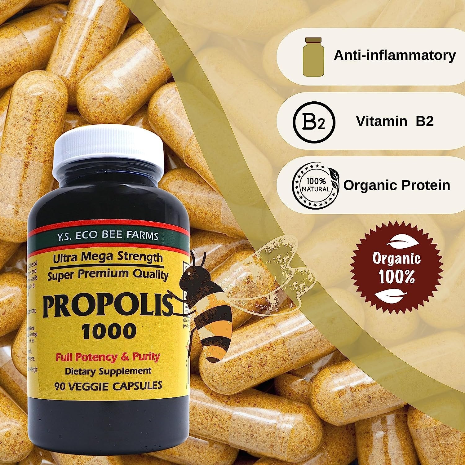 YS Organics Bee Farm Ultra Mega Strength - Propolis 1000 - Full Potency and Purity - 90 Capsules - with Multi-Purpose Key Chain