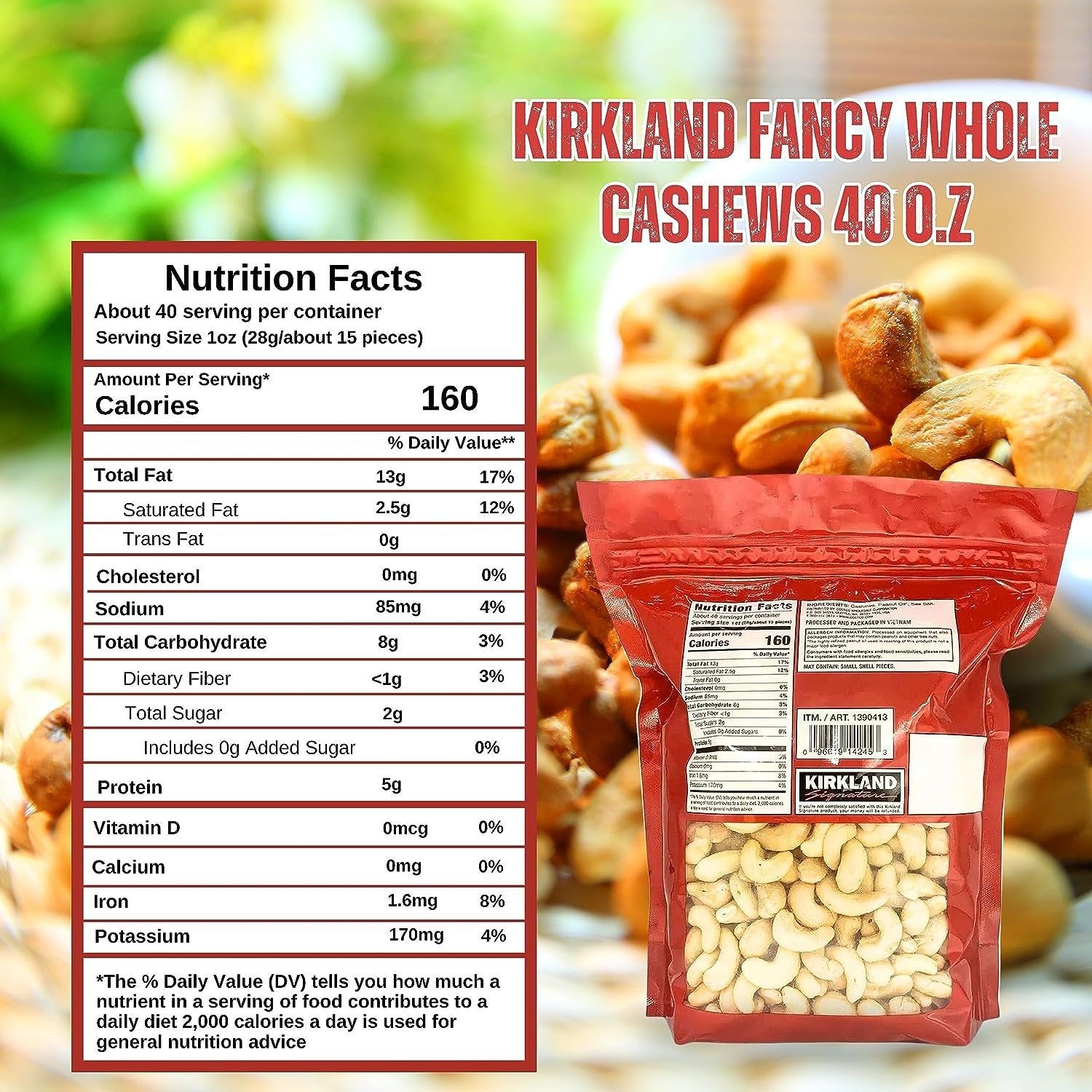 Kirkland Fancy Whole Cashews - Kirkland's Finest Selection of Large Whole Cashews Lightly Salted - Unforgettable Flavor Experience Cashew Nuts - 40oz Premium Cashew Snacks