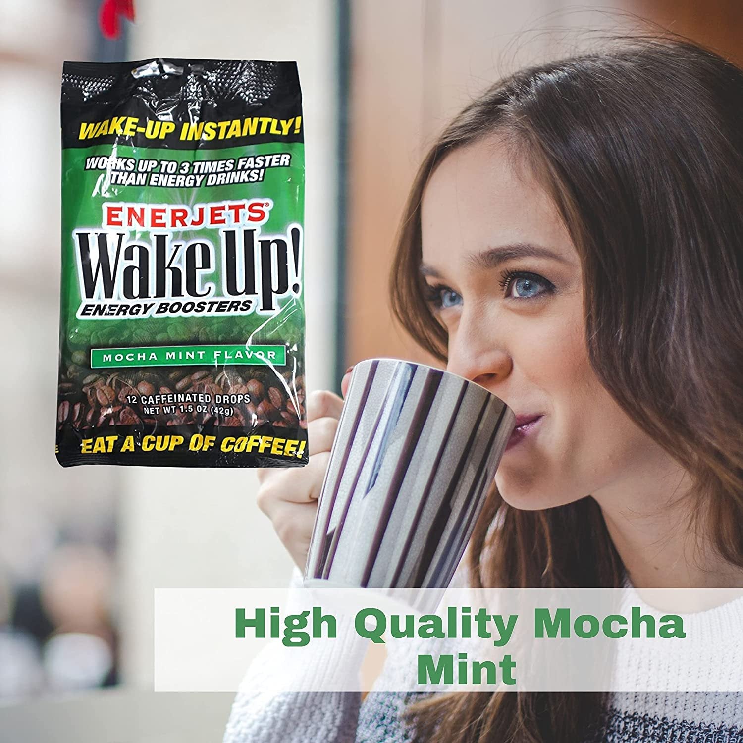 Worldwide Nutrition Enerjets Wake Up Energy Booster Caffeinated Drops - Instant Coffee Energy Supplements - Mocha Mint Flavor - Pack of 3, 12 Drops Per Package with Worldwide Multi Purpose Key Chain