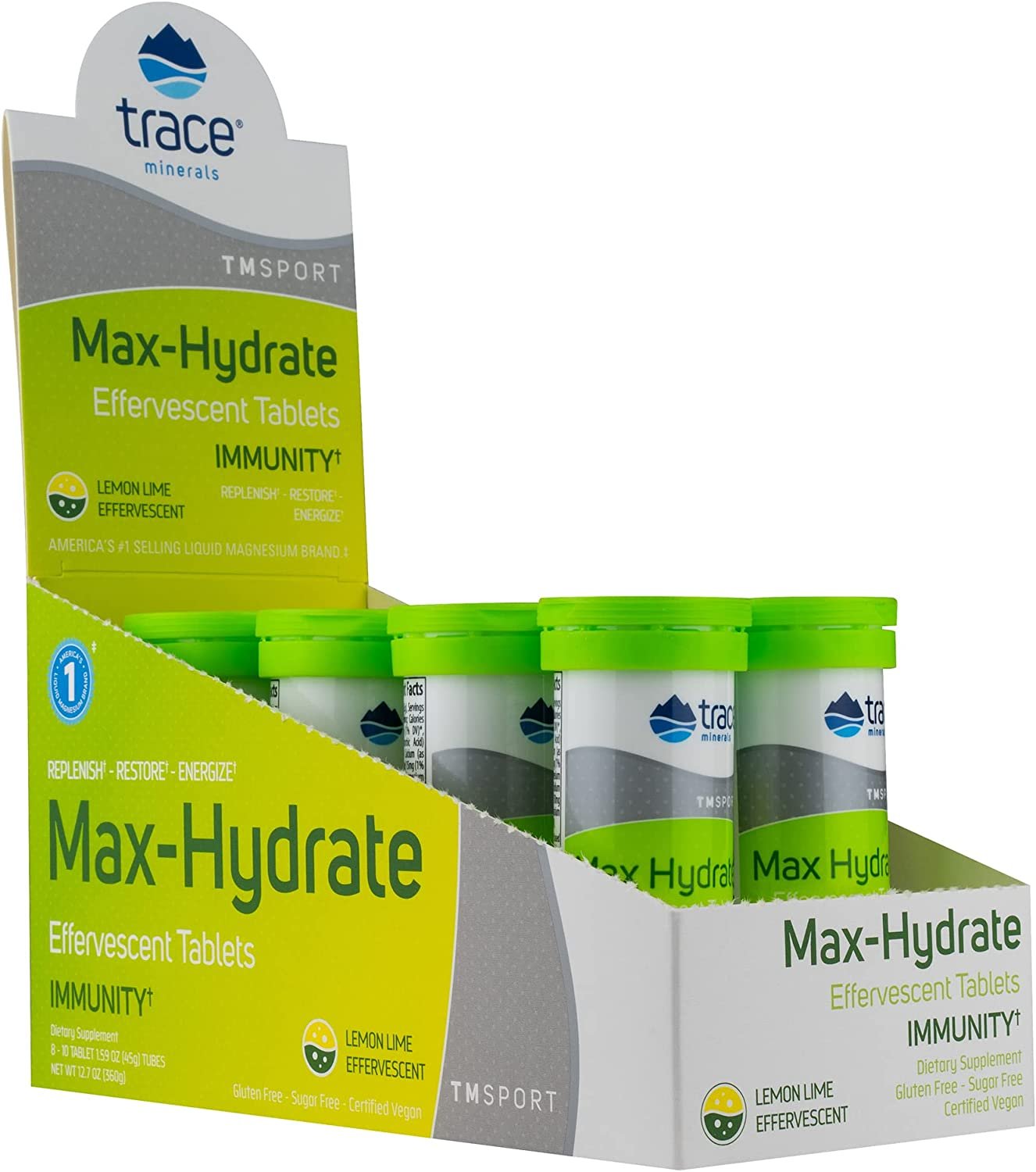 Trace Minerals | MAX Hydrate Immunity | High Performance Electrolyte Fizzing, Immune Support | Magnesium, Sodium, Potassium, Vitamin C Non GMO | Lemon Lime | 8 Tubes of 10 Tablets