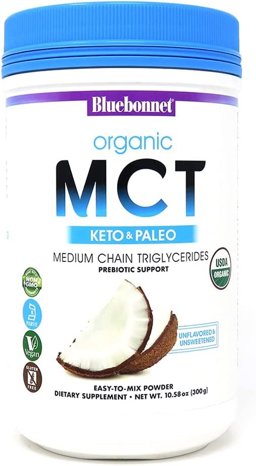 Bluebonnet Nutrition Organic MCT Powder, Keto and Paleo, Supports Weight Management*, Non-GMO, USDA Organic, Kosher, Vegan, Gluten-Free, 10.58 oz, 30 Servings, Unflavored, Unsweetened
