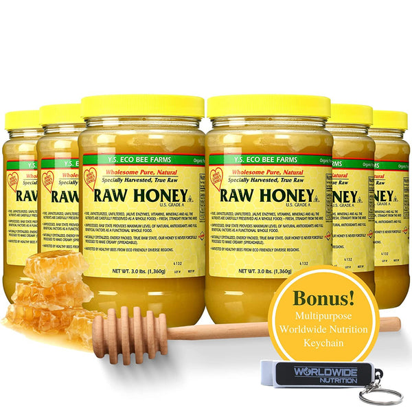 Y.S. Eco Bee Farms, Wholesome Natural Raw Honey, Unpasteurized, Unfiltered, Fresh Raw State, Kosher, Pure, Natural, Healthy, Safe, Gluten Free, Specially Harvested, 3lb - with Bonus Key Chain