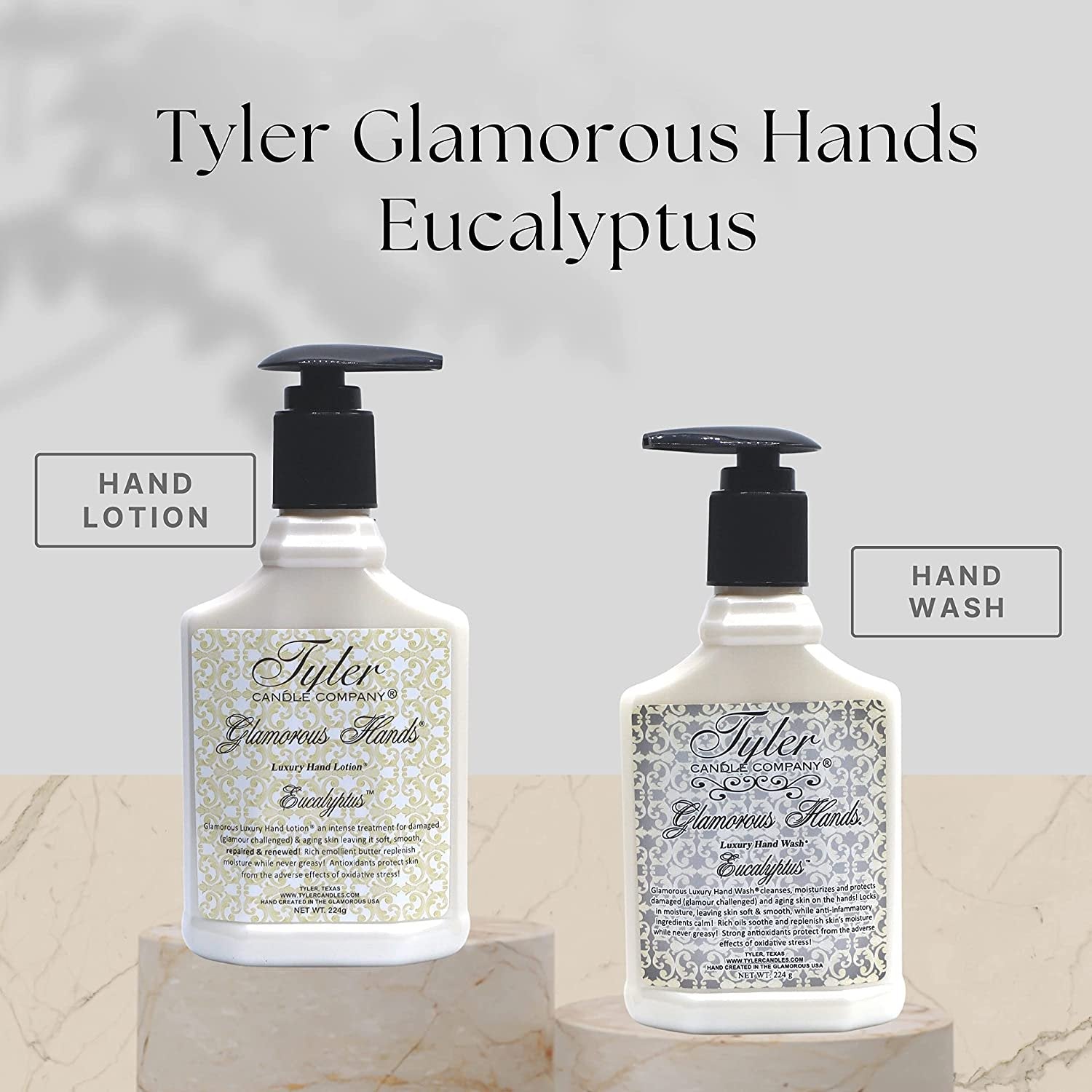 Worldwide Nutrition Tyler Candle Company Eucalyptus Glamorous Hand Wash and Hand Lotion Gift Set - Pack of 2, 8 Oz Scented Hand Cream Pump Bottles for Luxury Skin Care with Bonus Key Chain