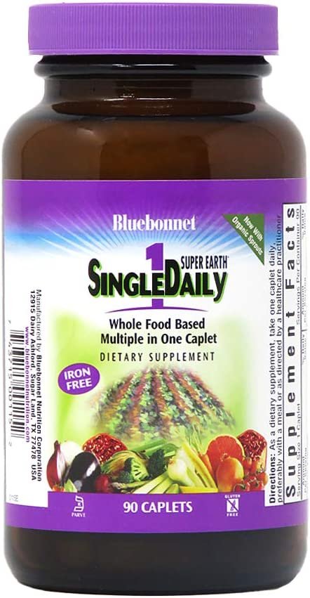 Bluebonnet Super Earth Single Daily Multi-Nutrient Formula Iron Free Caplets, Green, 90 Count