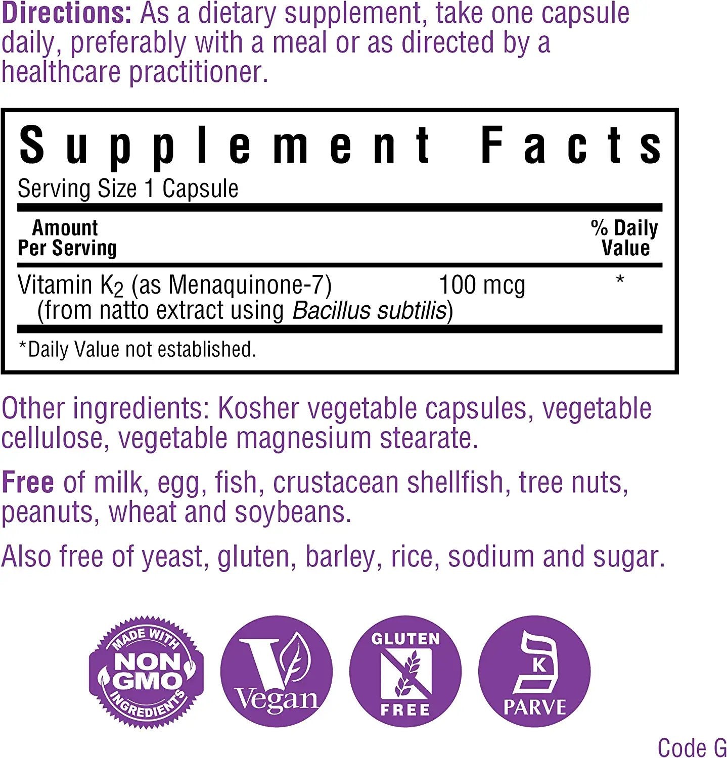 BlueBonnet Vitamin K2 Vegetarian Capsules, 100 Count