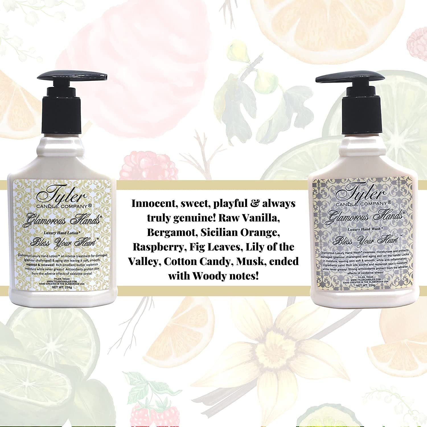 Tyler Candle Company Bless Your Heart Glamorous Hand Wash and Hand Lotion Gift Set - Pack of 2 8 Oz Tyler Bless Your Heart Scented Hand Cream Pump Bottles for Luxury Skin Care with Bonus Keychain
