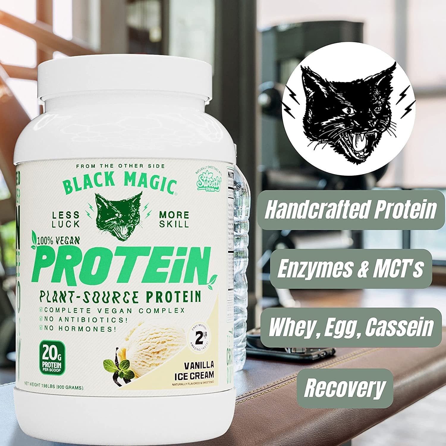 Vanilla Ice Cream Black Magic Multi-Source Protein - Whey, Egg, and Casein Complex with Enzymes & MCT Powder - Pre Workout and Post Workout - 24g Protein - 2 LB with Bonus Key Chain