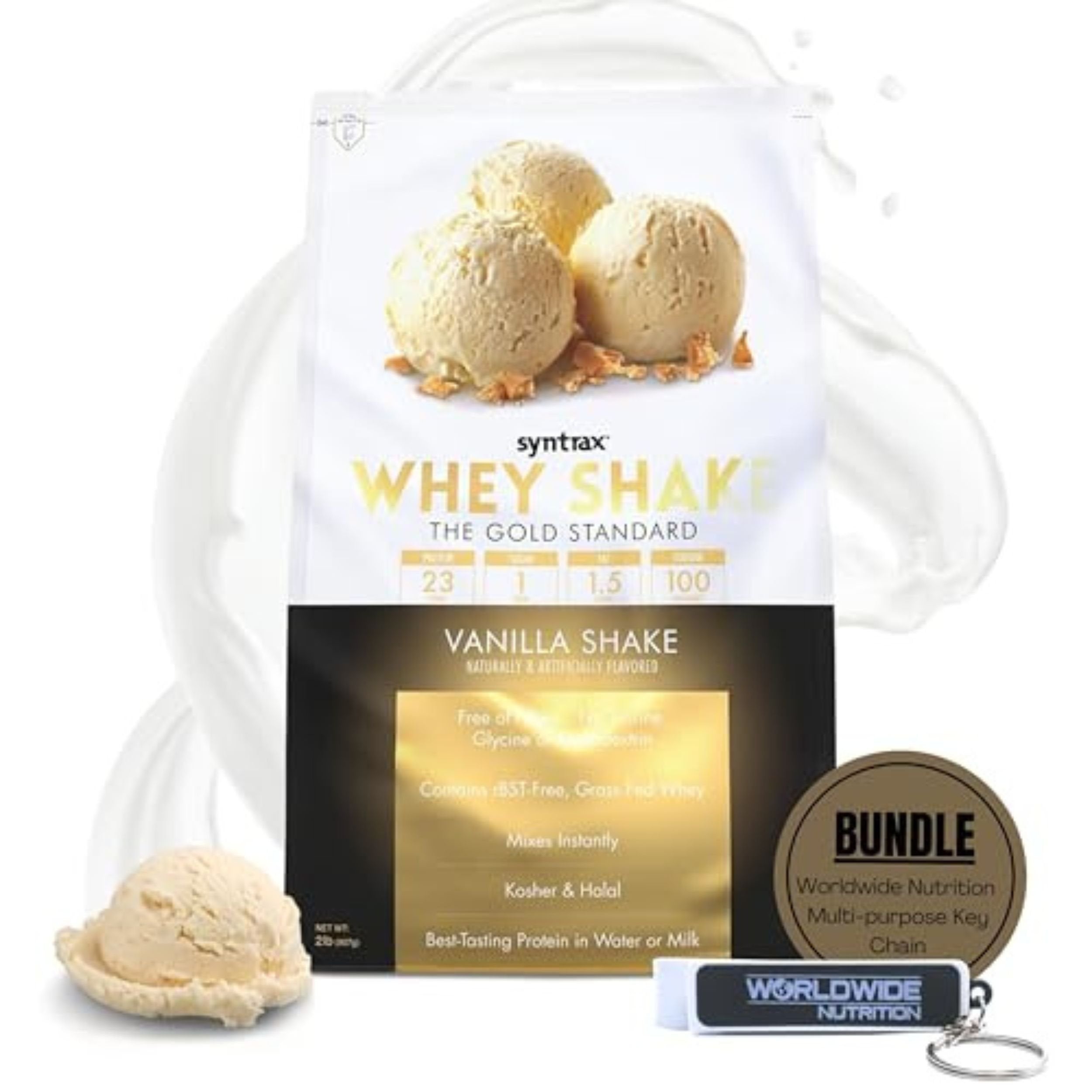 Syntrax Bundle, 2 Items Whey Shake Vanilla Shake, Native Grass-Fed Wholesome Denatured Whey Protein Concentrate with Glutamine Peptides 2 Pounds with Worldwide Nutrition Keychain