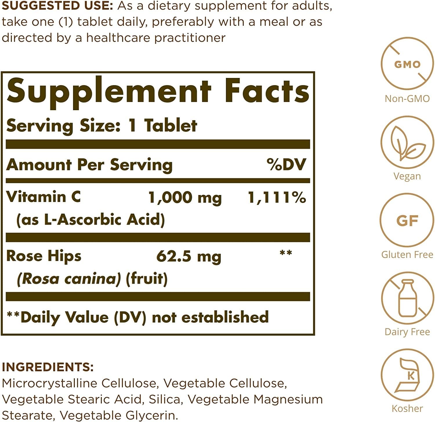 Solgar Vitamin C 1000 mg with Rose Hips - 100 Tablets, Pack of 2 - Antioxidant & Immune Support - Non GMO, Vegan, Gluten Free, Dairy Free, Kosher - 200 Total Servings
