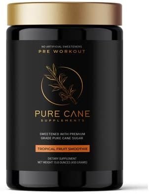 Pure Cane Natural Pre Workout Powder for Men & Women - No Artificial Sweeteners, Sweetend With Natural Pure Cane Sugar- Tropical Fruit Smoothie