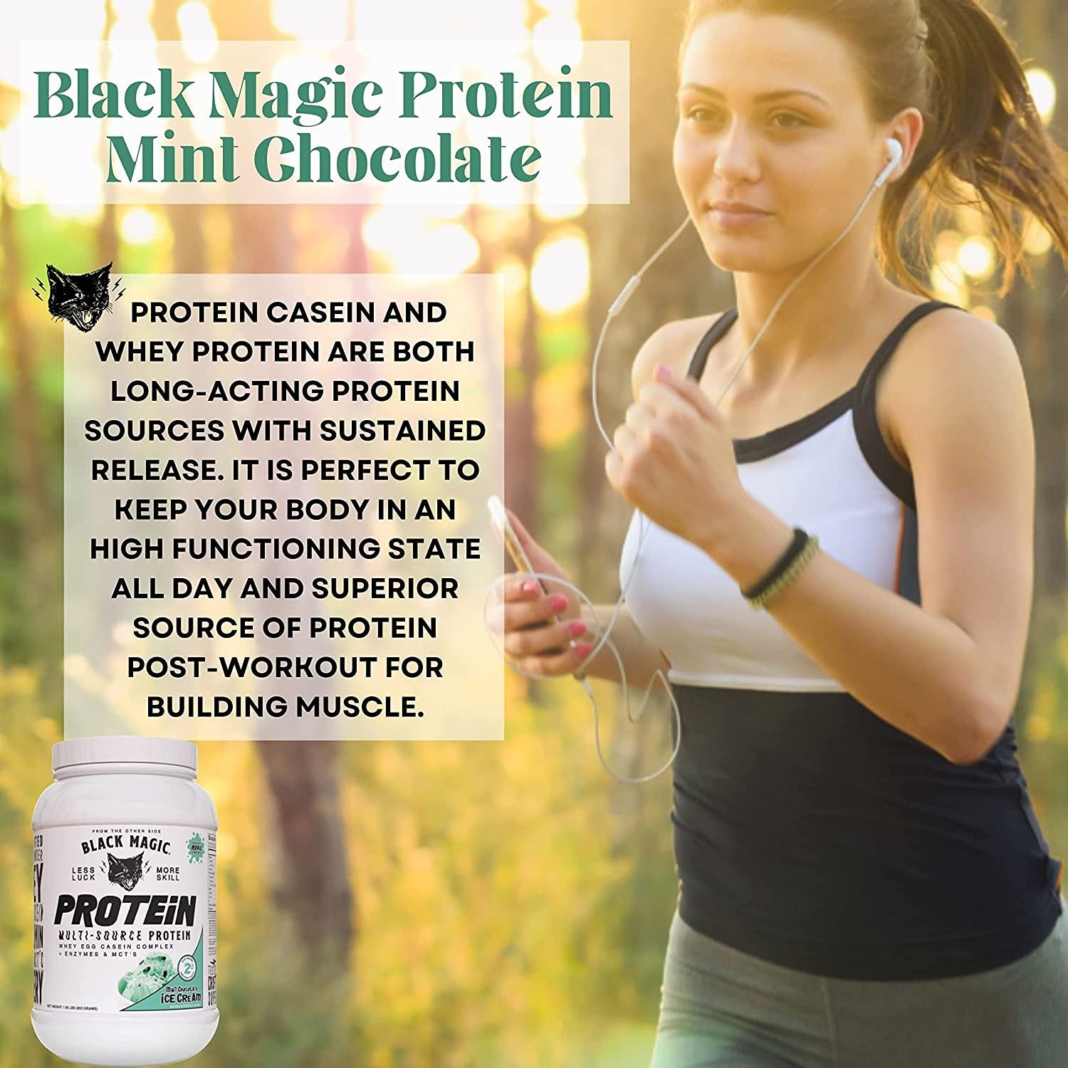 Mint Chocolate Black Magic Multi-Source Protein - Whey, Egg, and Casein Complex with Enzymes & MCT Powder - Pre Workout and Post Workout - 24g Protein - 2 LB with Bonus Key Chain