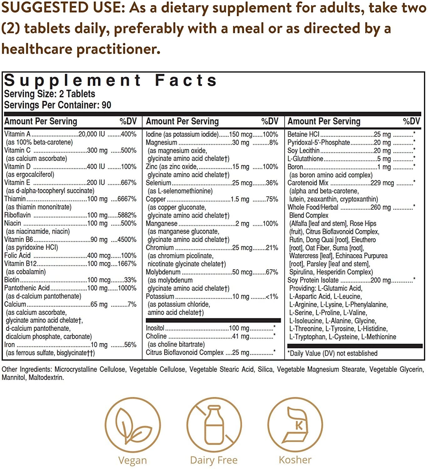 Solgar Formula VM-2000 (Multinutrient System), 180 Tablets - Premium Quality Multiple - Contains Zinc - Supports A Healthy Immune System - Vegan, Dairy Free, Kosher - 90 Servings