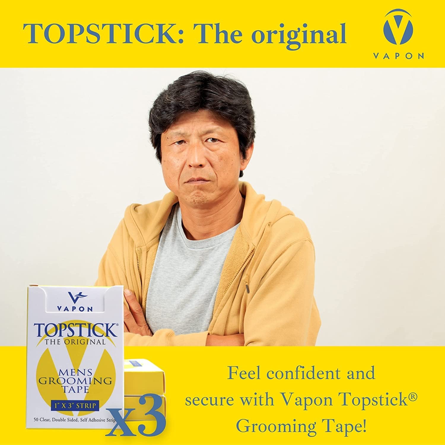 Vapon Topstick - The Original Men's Grooming Tape - 150 Count 3 Boxes - 1" x 3" Double Sided, Self Adhesive, Clear Tape for Toupee and Wig Adhesion - Hypo Allergenic, Waterproof, and Latex Free