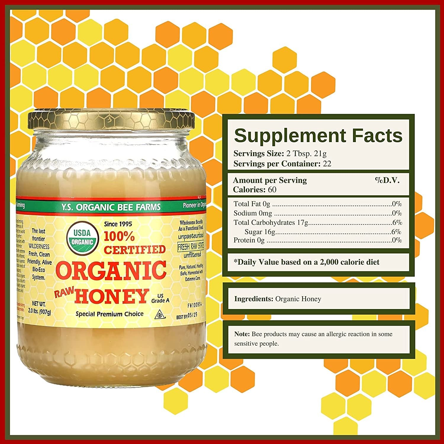 Y.S. Organic Bee Farms, 100% Certified Y.S. Organic Raw Honey, Unpasteurized, Unfiltered, Fresh Raw State, Kosher, Pure, Natural, Healthy, Safe, Gluten Free, Harvested with Extreme Care, 2 Lb (6)