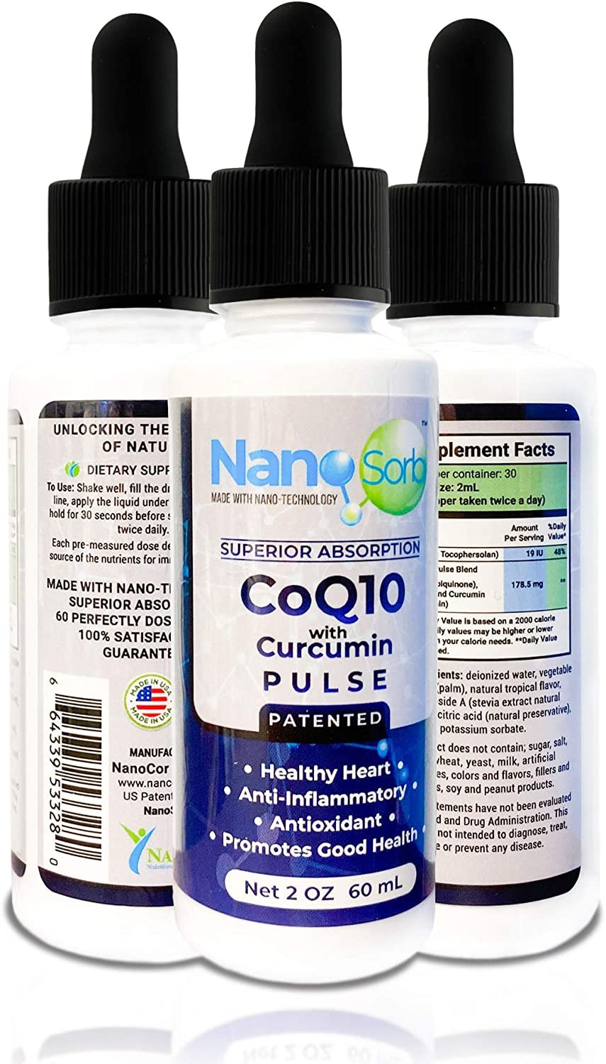 NanoCorHealth Pulse CoQ10 with Curcumin Supplement - Support Heart Health, Cardiovascular Wellness with Liquid Coenzyme Q10 - Sublingual Energy Booster Antioxidant Complex with L-Carnitine - 2oz, 60ml