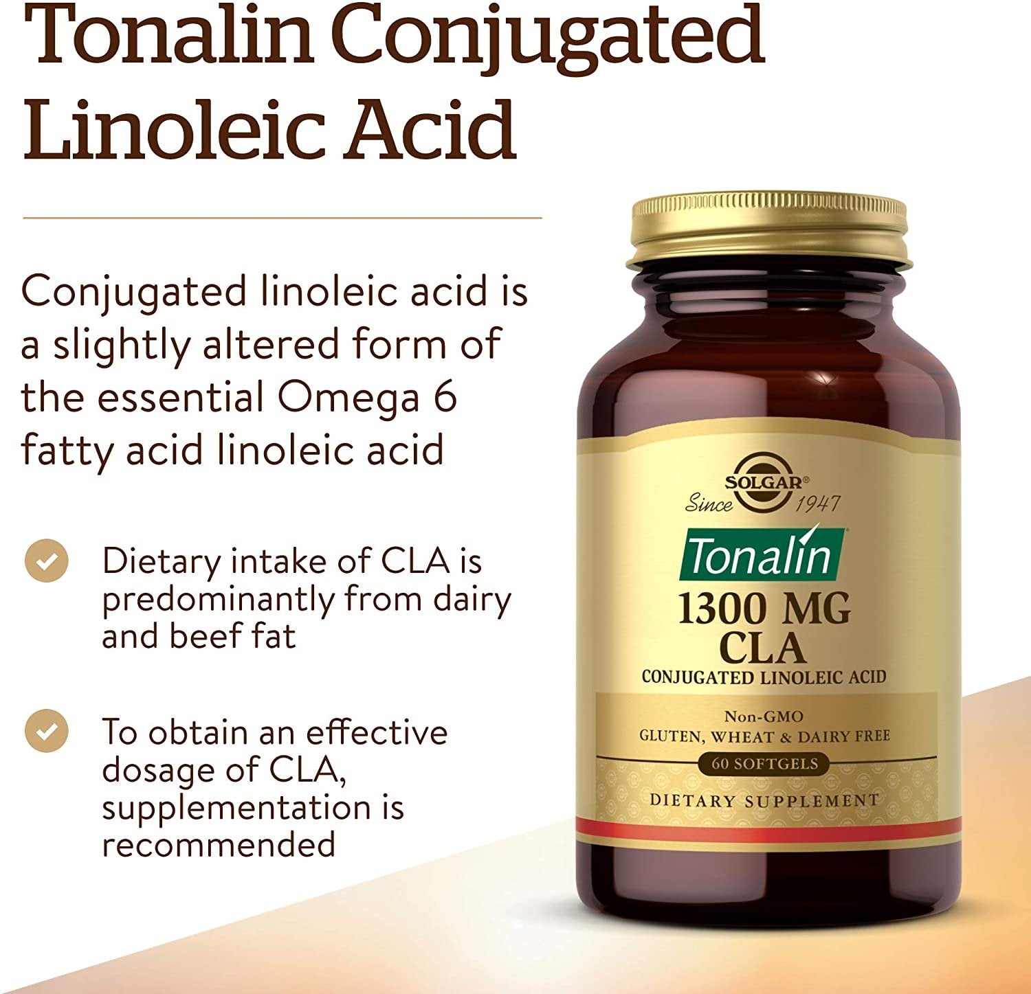 Solgar Tonalin CLA 1300 mg, 60 Softgels - Essential Omega-6 Fatty Acid - Derived from Non-GMO Safflower Seed Oil - Gluten Free, Dairy Free - 60 Servings