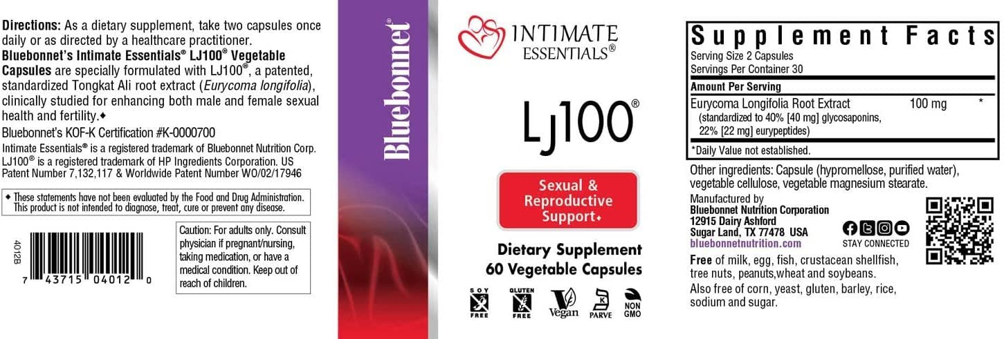 Bluebonnet Nutrition Intimate Essentials LJ100, Soy-Free, Gluten-Free, Non-GMO, Dairy-Free, Kosher Certified, Vegan, 60 Capsules, 30 Servings
