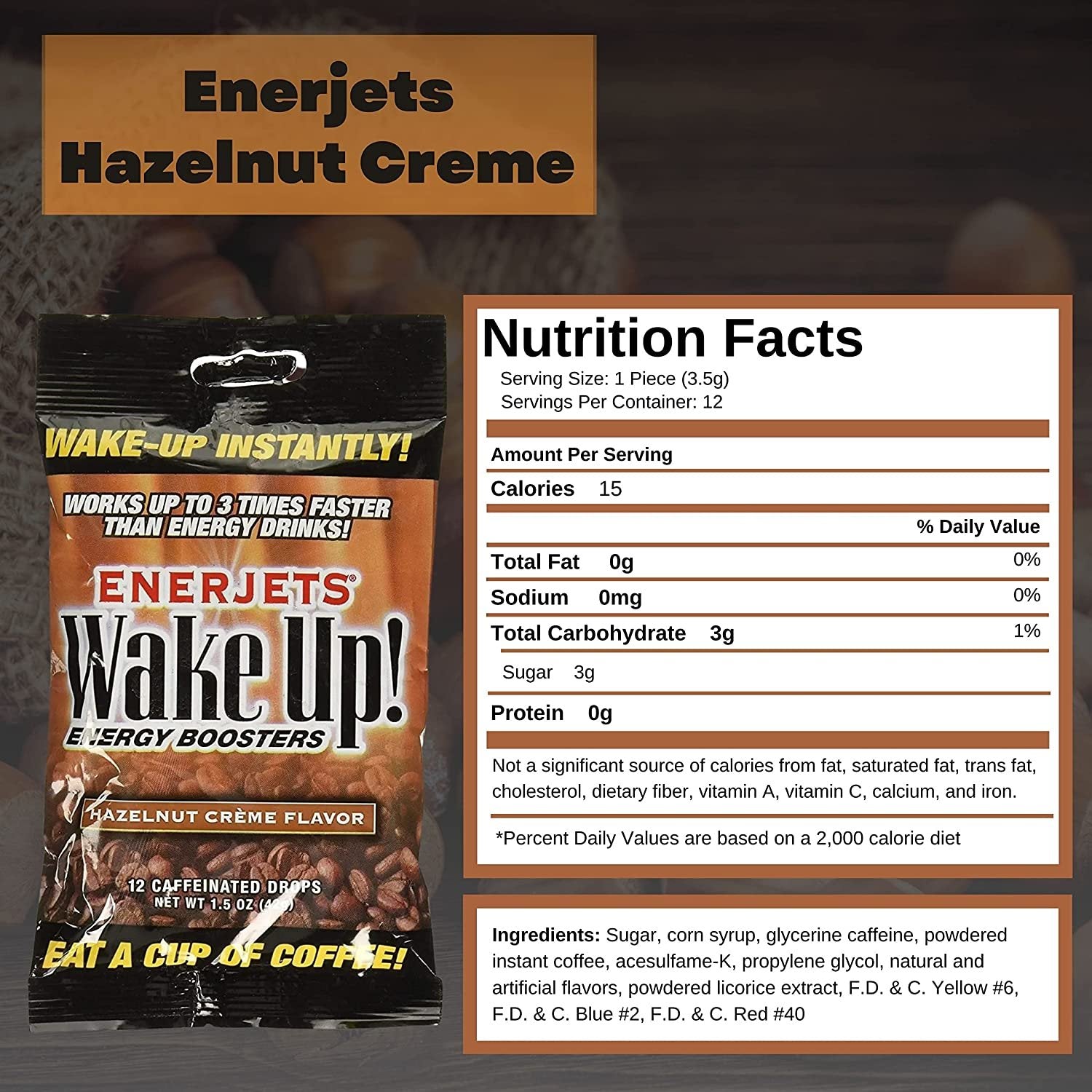 Enerjets Wake Up Energy Booster Caffeinated Drops - Instant Coffee Energy Supplements - Hazelnut Creme Flavor - Pack of 3, 12 Drops Per Package with Keychain